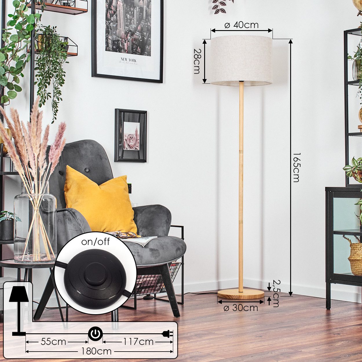 hofstein Stehlampe Stehlampe mit Holzfuß und Schirm aus Stoff, ohne Leuchtmittel, Boho-Style, skandinavisches Design (40 cm), Fußschalter, 1 x E27 – Bild 4 von 5