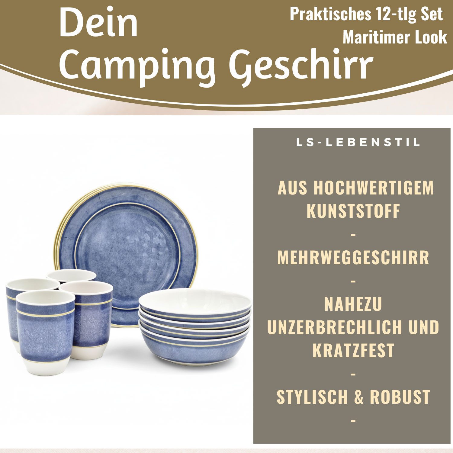 LS-LebenStil Geschirr-Set Camping-Geschirr Set 12-teilig Maritim Blau Weiß 4 Personen Picknick (12-tlg), 4 Personen, Kunststoff, Becher Teller Schüsseln - ideal beim Camping Wandern