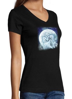 MyDesign24 T-Shirt Damen Pferde Print Shirt bedruckt - Fantasy Pferde vor Mond Baumwollshirt mit Aufdruck, Slim Fit, i136