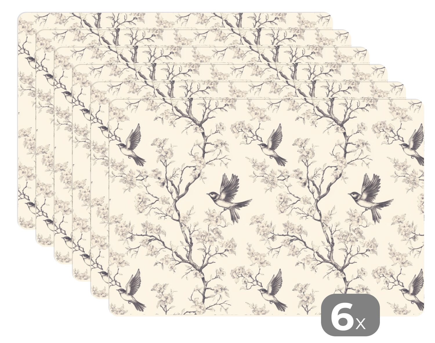 MuchoWow Platzset Äste - Vögel - Beige, (6-St), Platzsets, Tischset, Abwaschbar, Tischsets, Platzdeckchen