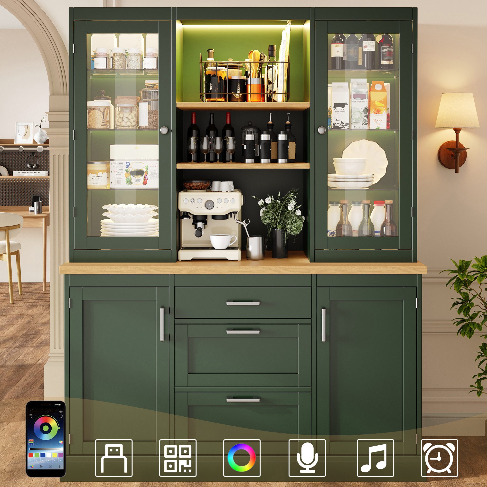 Odikalo Küchenbuffet Küchenschrank Buffetschrank mit App-gesteuerter LED-Beleuchtung (185x140x40cm, 3 Schubladen, Arbeitsplatte, verstellbare Böden)