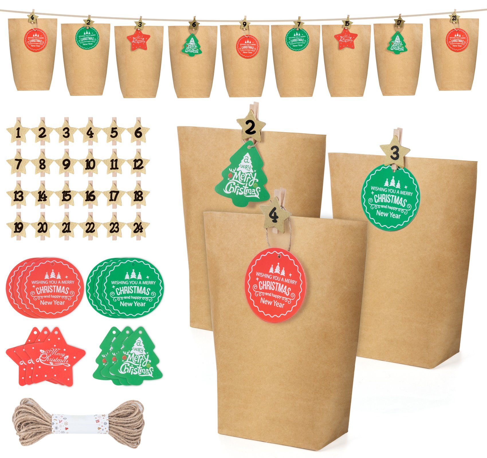 Homewit Christbaumschmuck DIY Weihnachtskalender Ạdvẹntskạlendẹr Geschenktüte zum Befüllen (1-tlg), Papiertüten inkl. 24 Zahl-Aufkleber Gelb