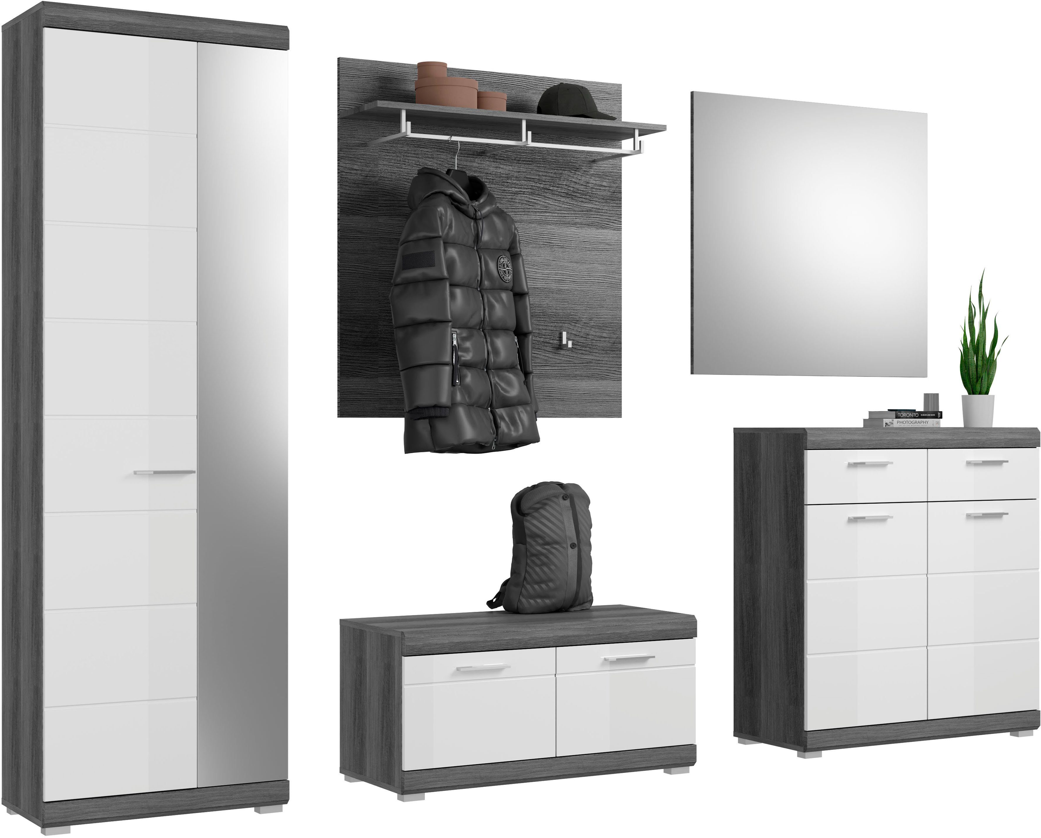 Home affaire Garderoben-Set SIENA, Breite 272 cm, 5-teiliges Set, individuell stellbar, (Komplett-Set, 3-St., best.aus: Garderobenschrank, Sitzbank, Paneel, Schuhschrank & Spiegel), Garderobenkombination, Flurgarderobe, Flur, Garderobe, Diele