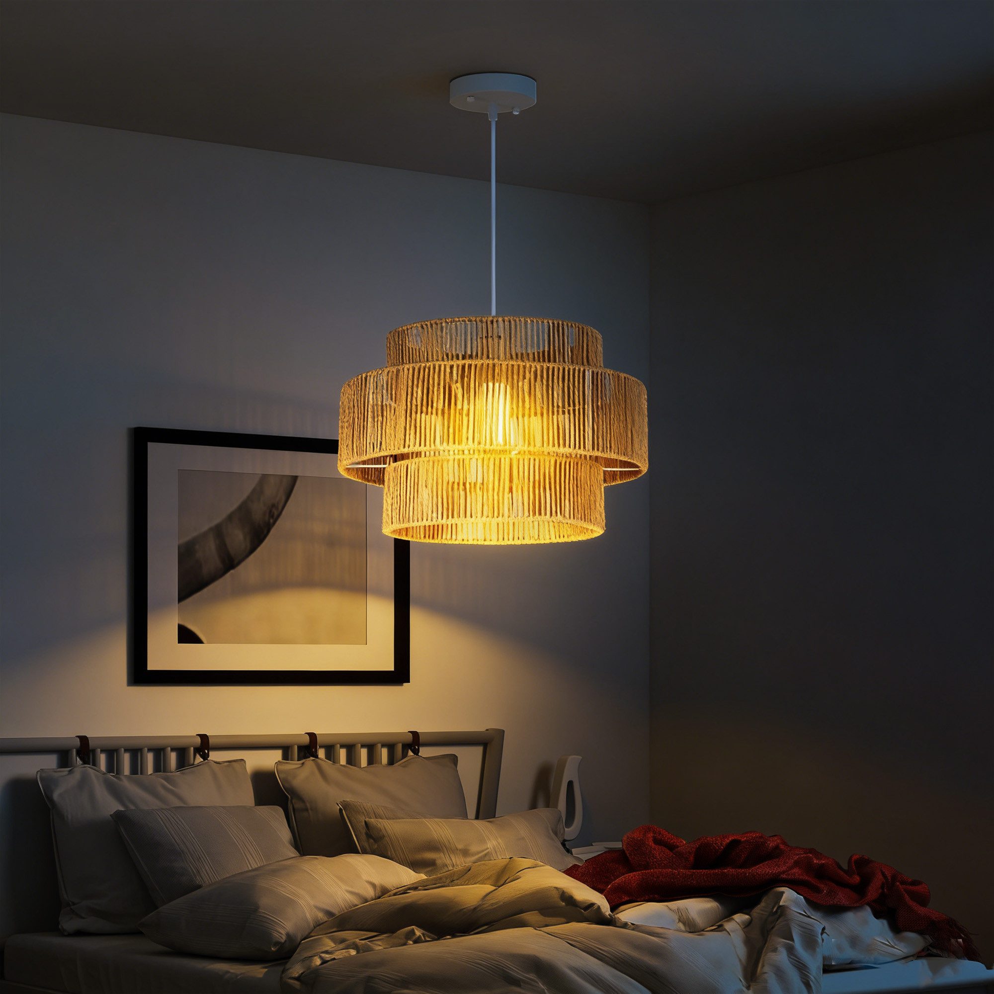 HOMCOM Pendelleuchte Hanfseil Leuchte, Boho Deckenleuchtenschirm, Beleuchtungsfunktionen, Halogenlampe, LED-Lampe usw., für Wohnzimmer, Schlafzimmer, Flur, Braun