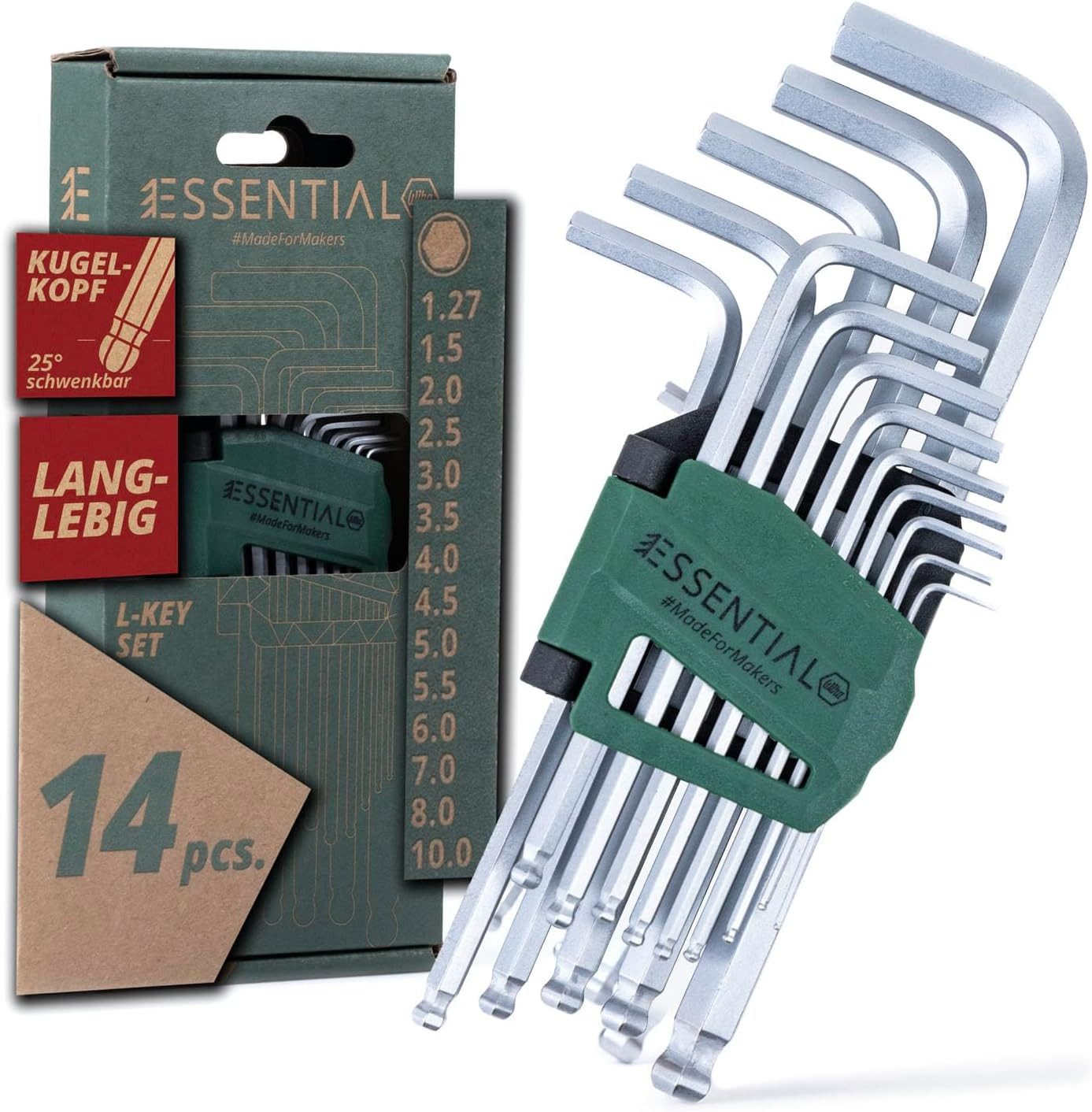 Wiha Stiftschlüssel Essential (46446) - 14 tlg., mit Kugelkopf, Innensechskant Satz 1,27-10mm für Zuhause & Profi