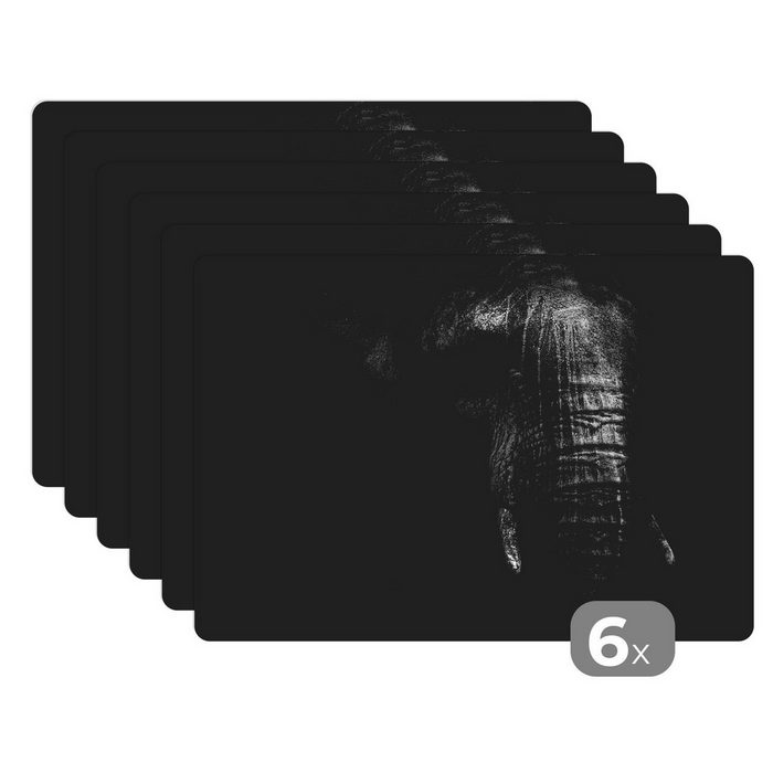Platzset Elefant auf schwarzem Hintergrund in schwarz und weiß MuchoWow (6-St) Platzset Platzdecken Platzmatte Tischmatten Schmutzabweisend