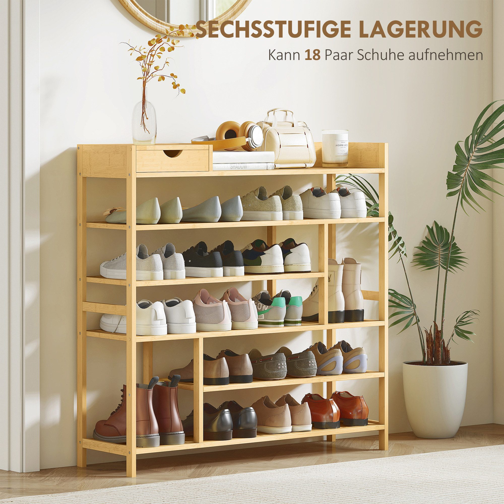 HOMCOM Schuhregal Schuhablage mit 6 Ebenen, Schublade aus Bambus, für 18 Paar, Schuhständer 1-tlg., für Eingang, Schlafzimmer, 101 x 30 x 100 cm, Natur – Bild 4 von 5