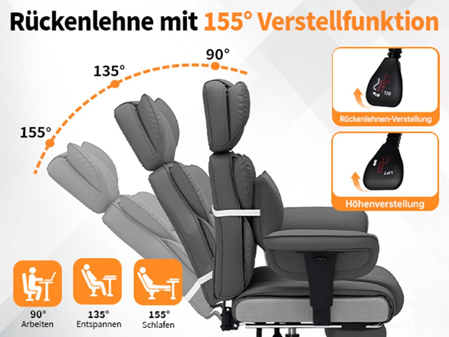 Hoffree Drehstuhl XXL Ergonomischer Bürostuhl Chefsessel Gaming-Stuhl Kunstleder, mit Fußstütze, verstellbarer Kopf- & Armlehnen, Max bis 200 kg – Bild 5 von 5