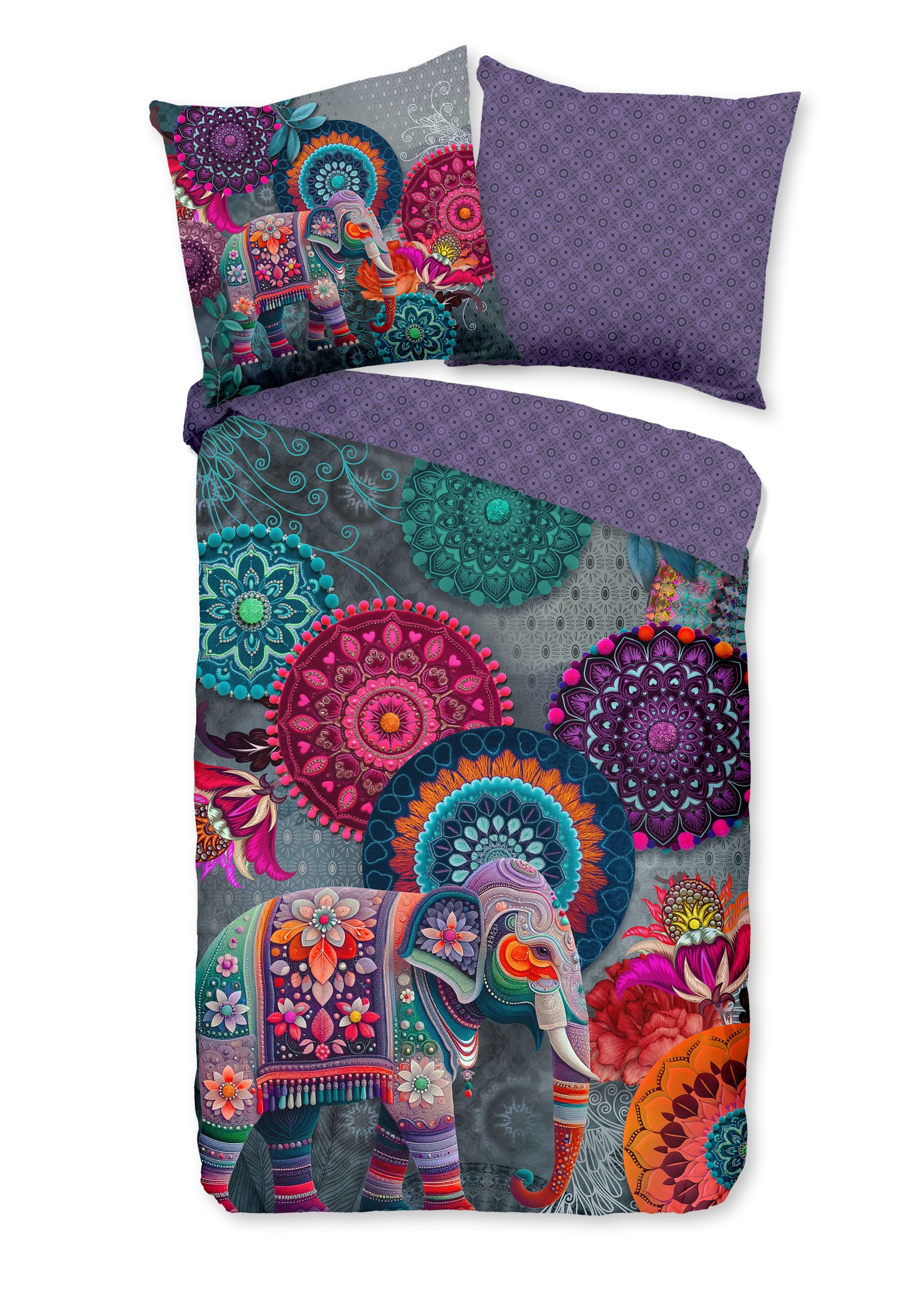 hip Bettwäsche 100% Baumwolle, Flanell, 2 teilig, bunte Mandalas, Elefant, Wendebettwäsche