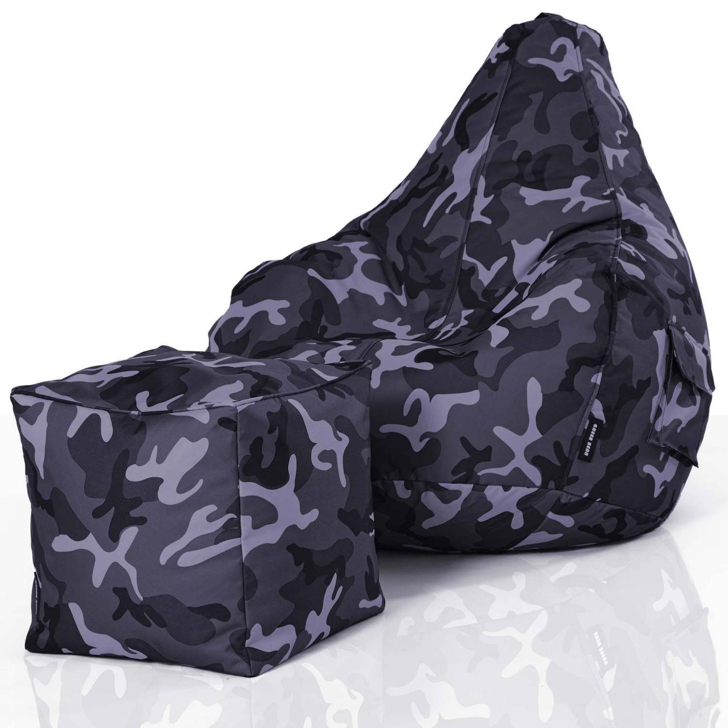 Green Bean Sitzsack Cozy+Cube (2er Set Sitzsack + Hocker - fertig befüllt - robust waschbar schmutzabweisend -, Kinder & Erwachsene Bean Bag Bodenkissen), Lounge Sitzhocker Relax-Sessel Gamer Gamingstuhl Pouf Camouflage Blau