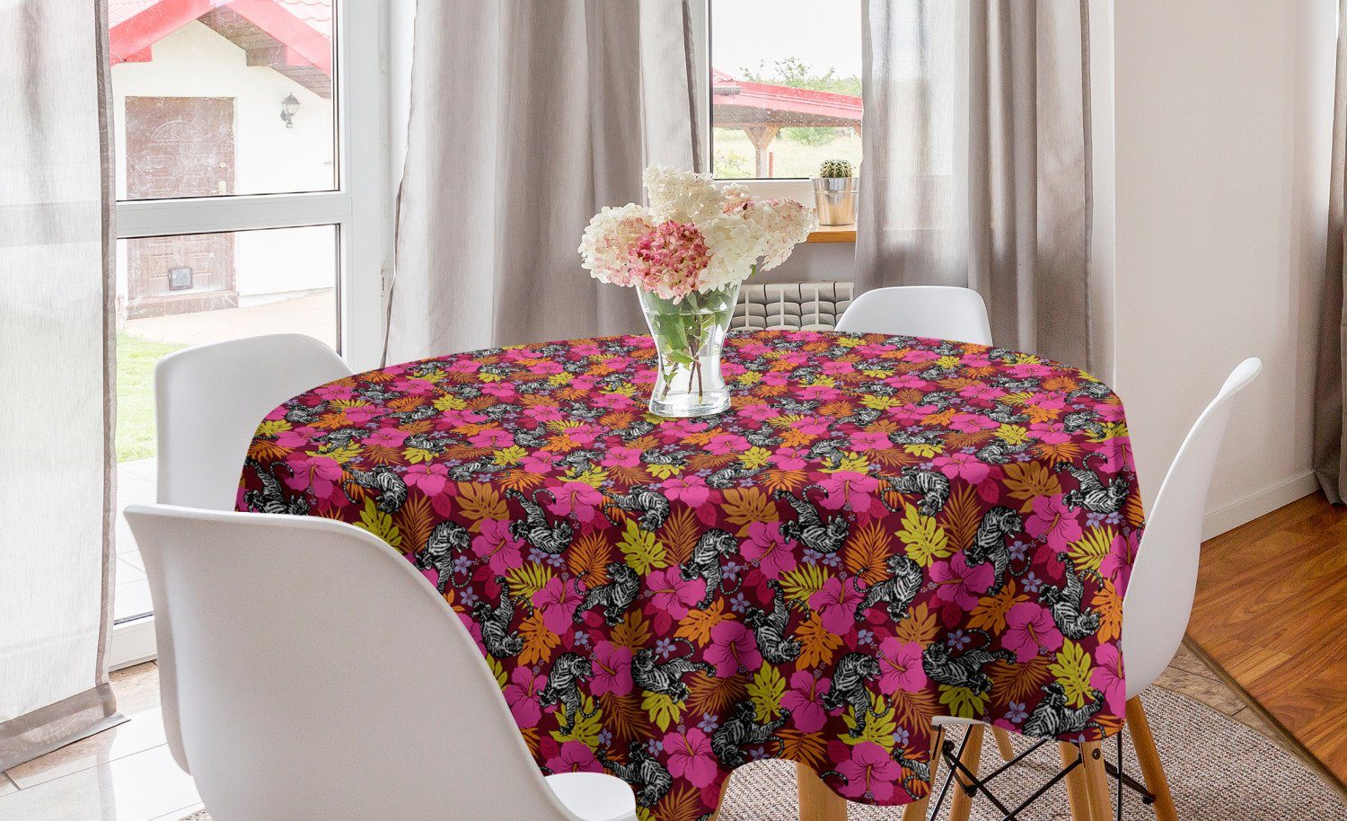 Abakuhaus Tischdecke Kreis Tischdecke Abdeckung für Esszimmer Küche Dekoration, Blumen Hibiscus-Blumen und Tiger