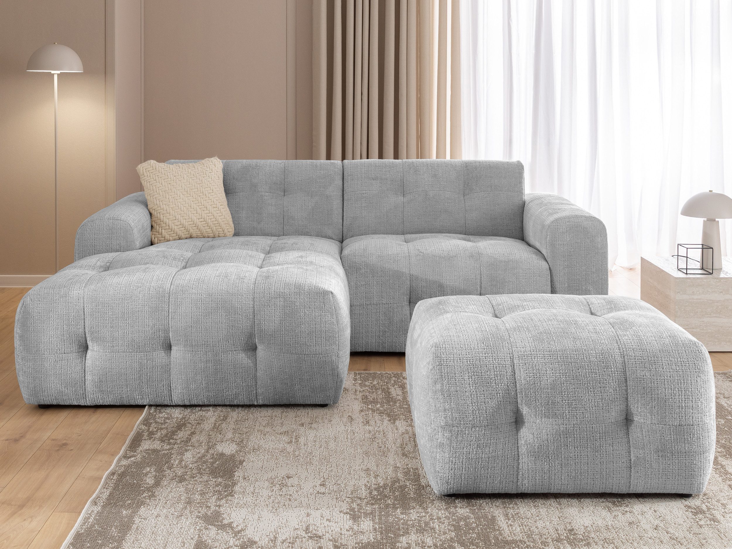S-Style Möbel Ecksofa und Hocker Kozy Bumpy Design mit Schlaffunktion & fester Rückenlehne, aus weichem Chenille-Stoff, mit Wellenfederung