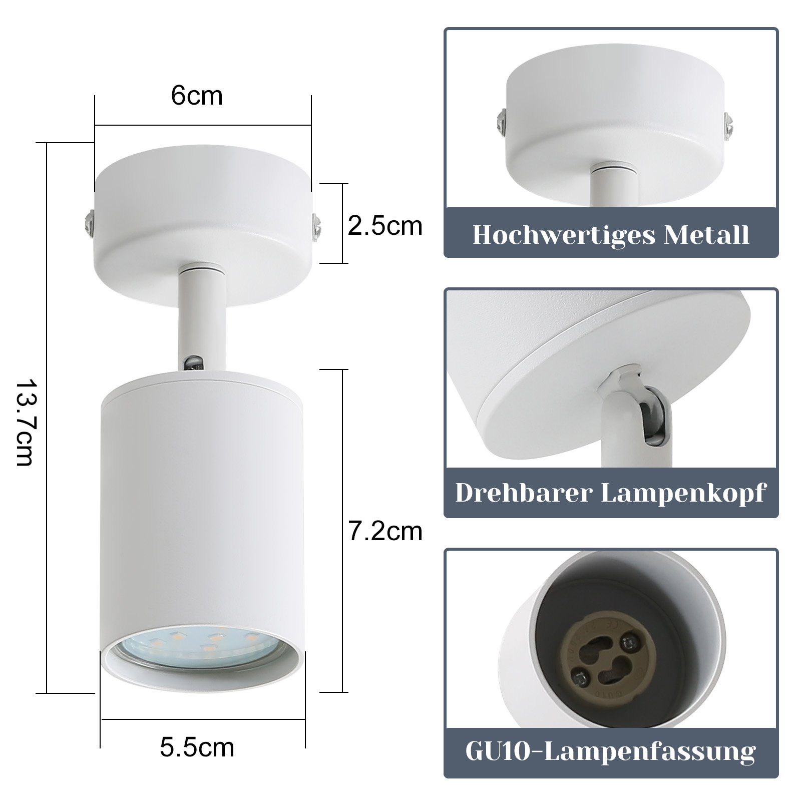 ZMH LED Deckenstrahler Weiß LED Deckenlampe Spots, Modern integriert, GU10 LED Industrial Wandstrahler Flurlampe 1 Flammig Deckenspots fest für Deckenstrahler: Wohnzimmer