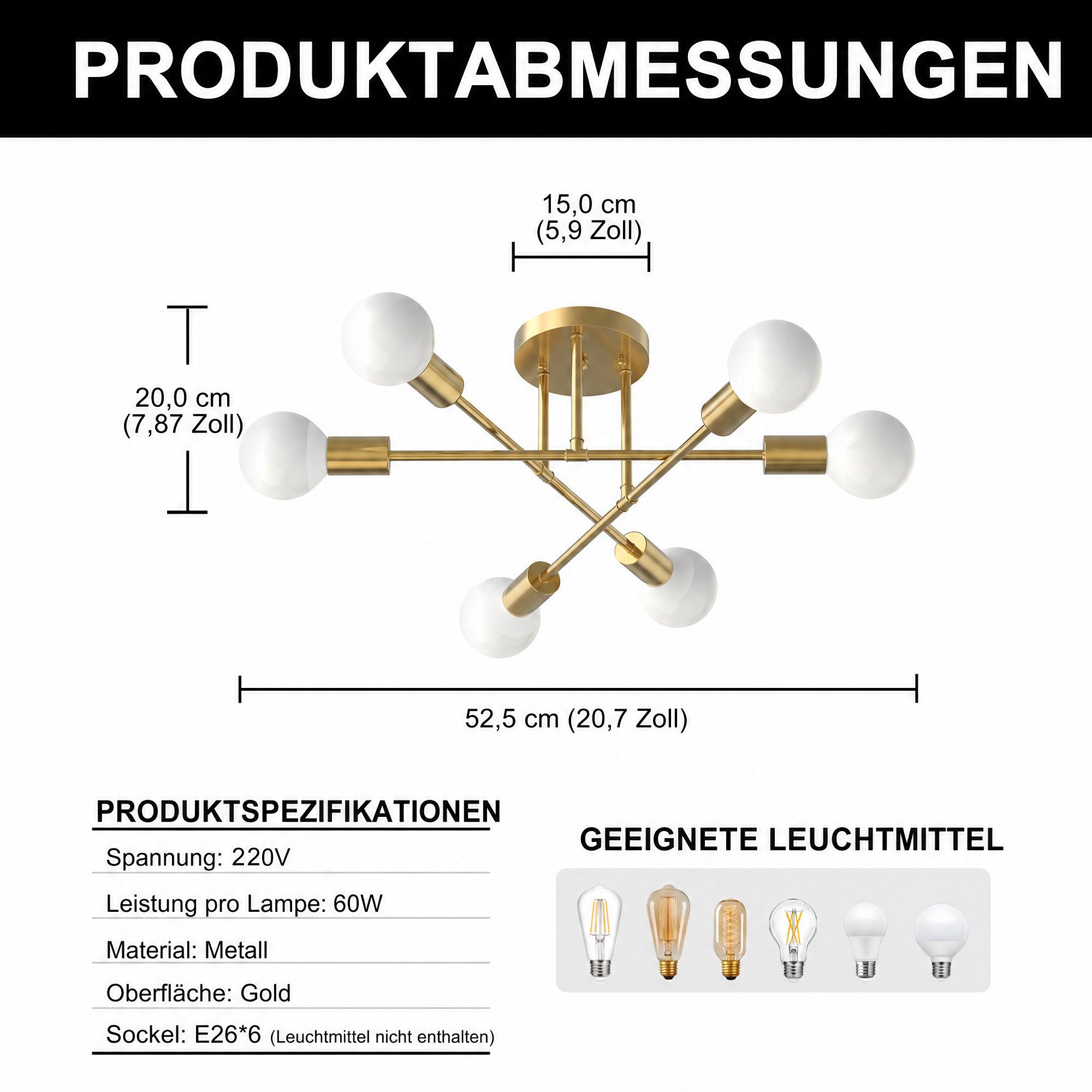 LOHAS-LED Deckenleuchte 6-flammige Metall-Deckenleuchte in edler Kupfer-Optik, ohne Leuchtmittel, 6 x E27 Fassungen, einfache Montage mit EU-Zubehör