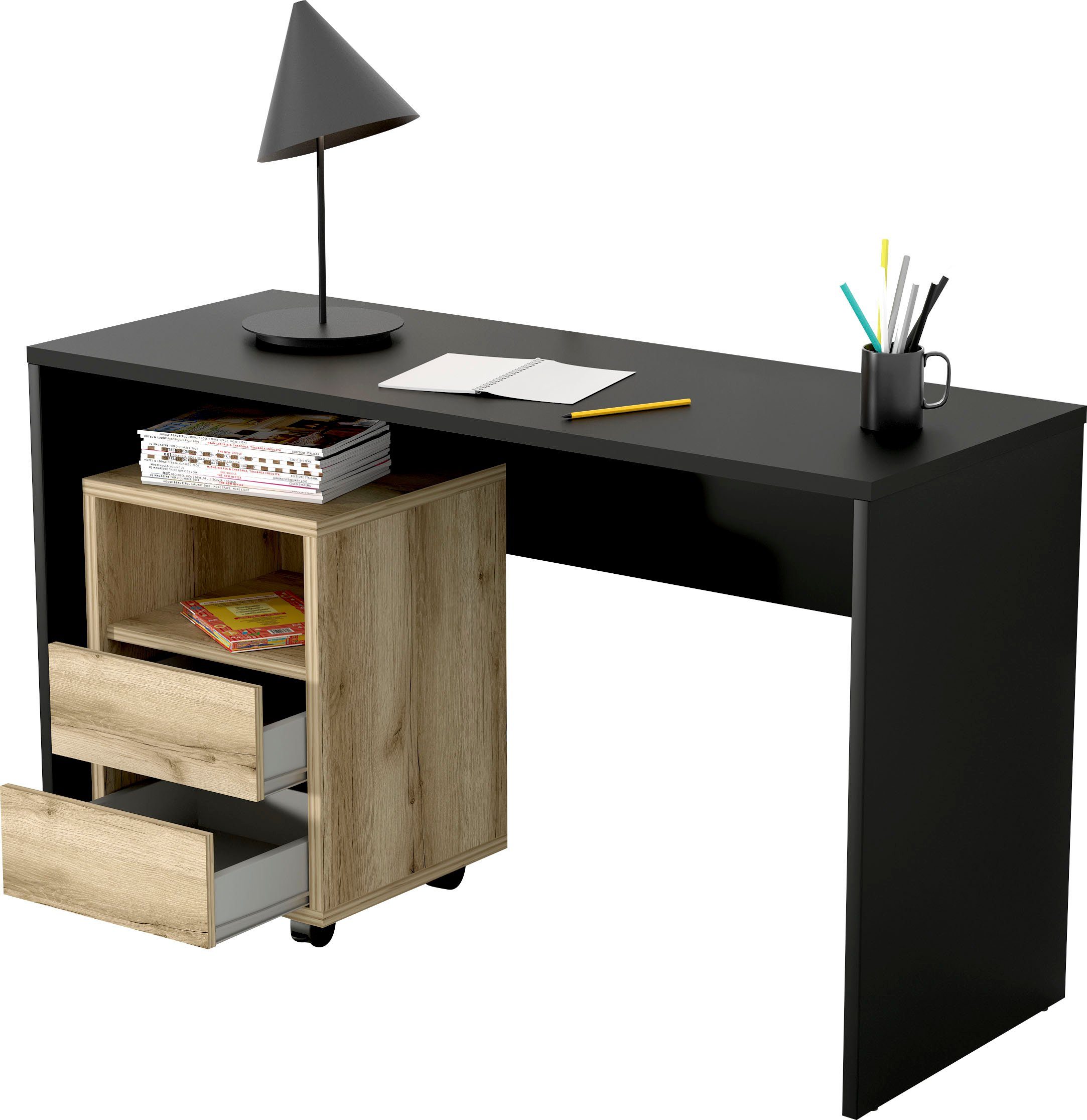 (Set, Design Schreibtisch natural Helvetia 2-St), bestehend Rollcontainer aus grand Büro-Set Agapi, und modernen schwarz/eiche im