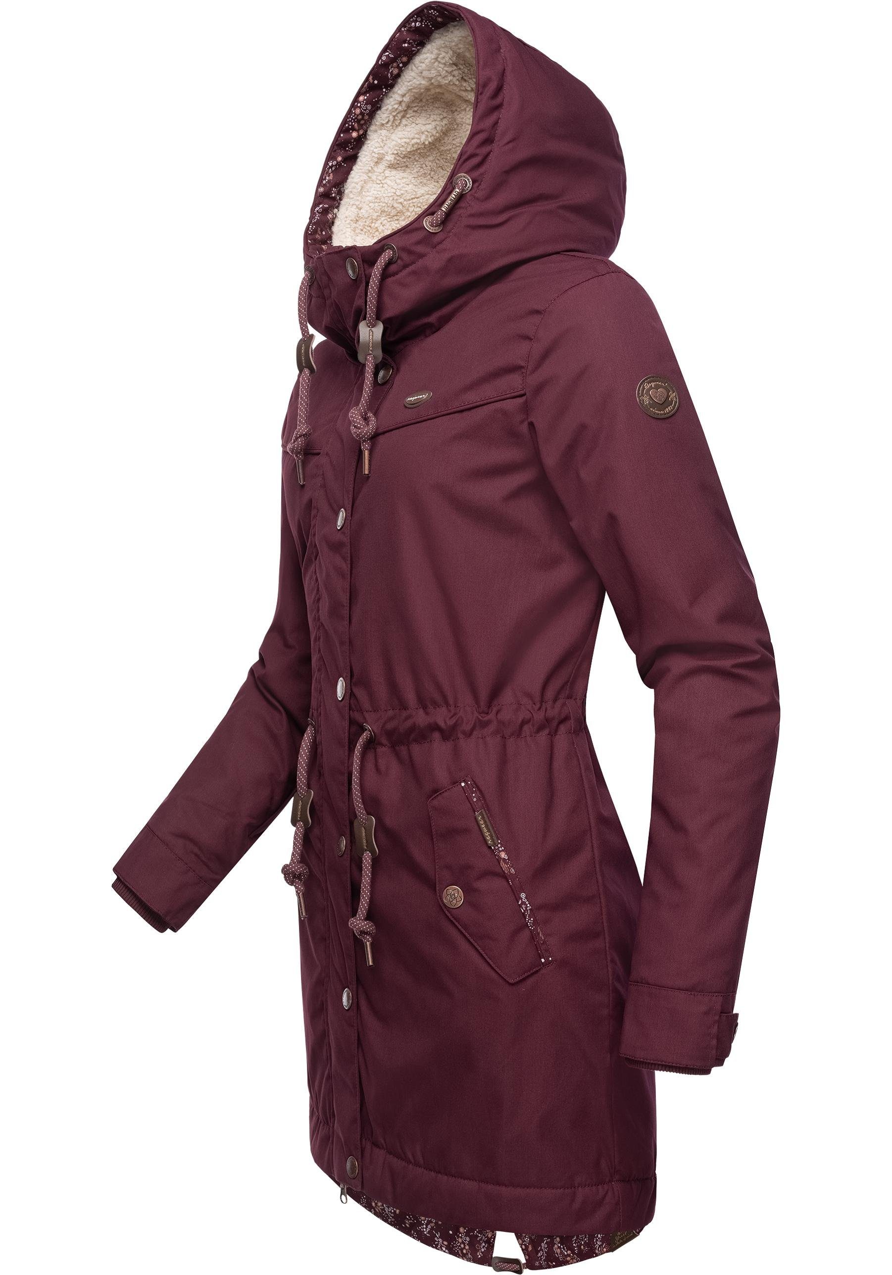 Ragwear Winterjacke YM-Canny stylischer Damen Kapuze Parka Kurzmantel dunkelrot mit