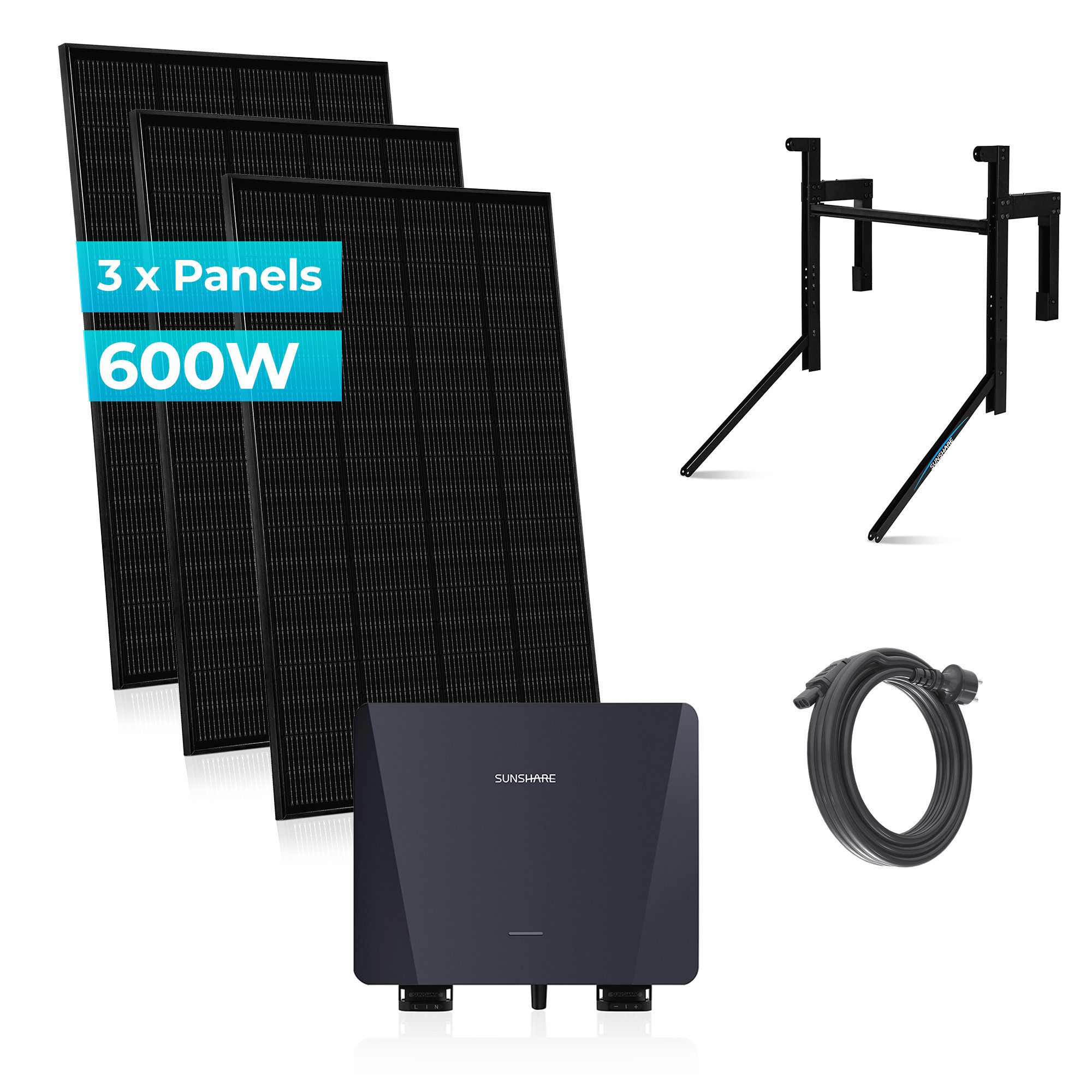 Sunshare Solarmodul Ray 600/800W Module mit Wechselrichter & bohrfreier Betonhalterung, 200 W, Monokristallin N‑Typ TOPCon, (Komplettset, 3-St), Monokristalline N‑TOPCon‑Zellen mit ≥25 % Wirkungsgrad