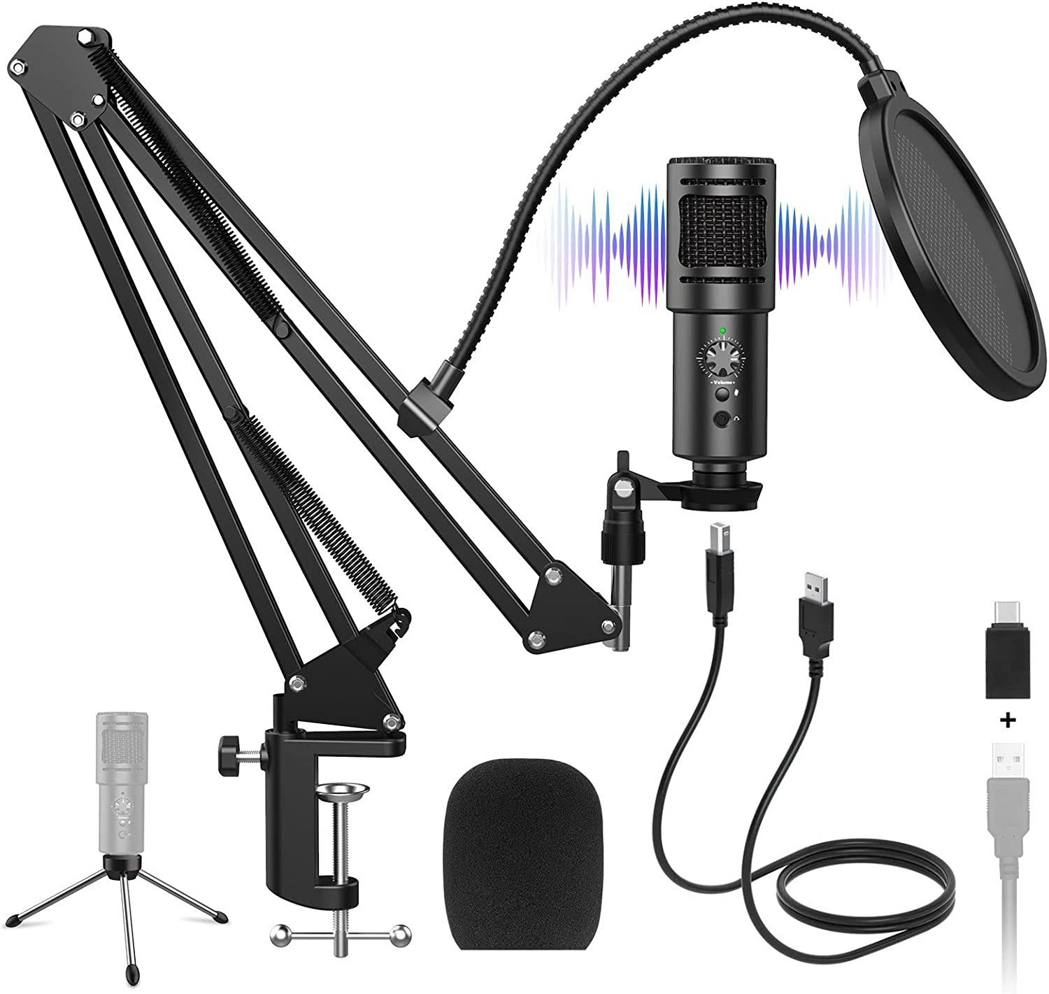 Nimaso Streaming-Mikrofon USB Mikrofon-Kit - Kristallklare Aufnahmen für Podcasts, Streams&mehr (Komplett-Set), 16mm Membran, Plug & Play, Nierencharakteristik, robustes Design