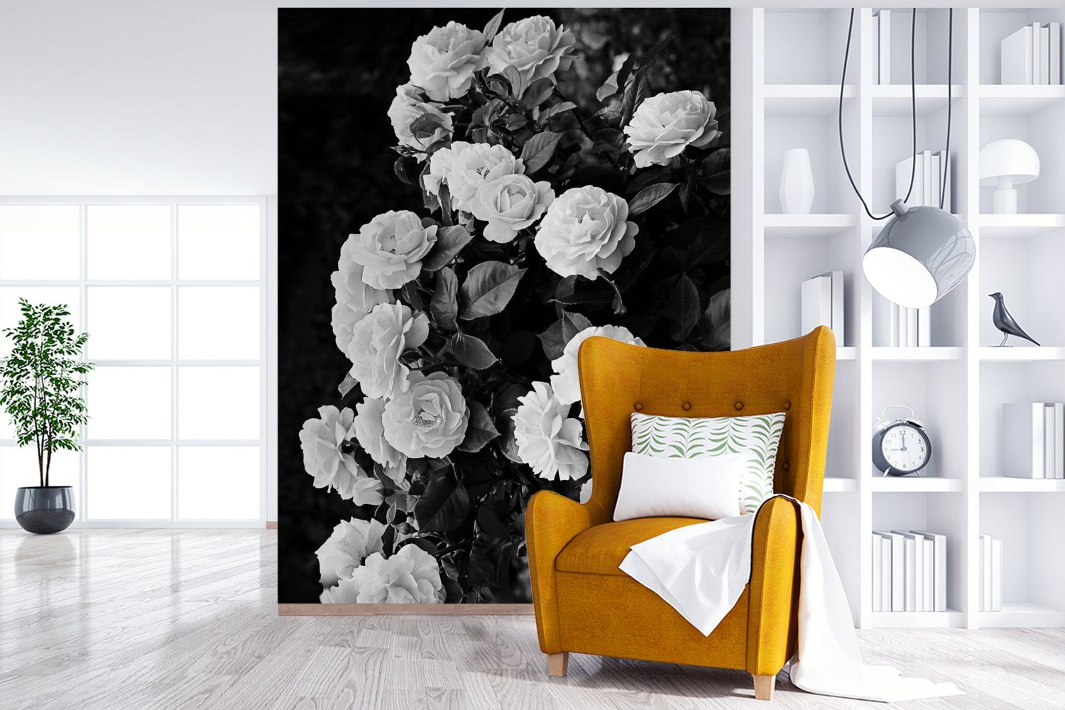 MuchoWow Fototapete Blumen - St), Natur Matt, - Wandtapete und Pflanzen Tapete Rosen, Schwarz für Vinyl Weiß (4 bedruckt, Montagefertig - - Wohnzimmer