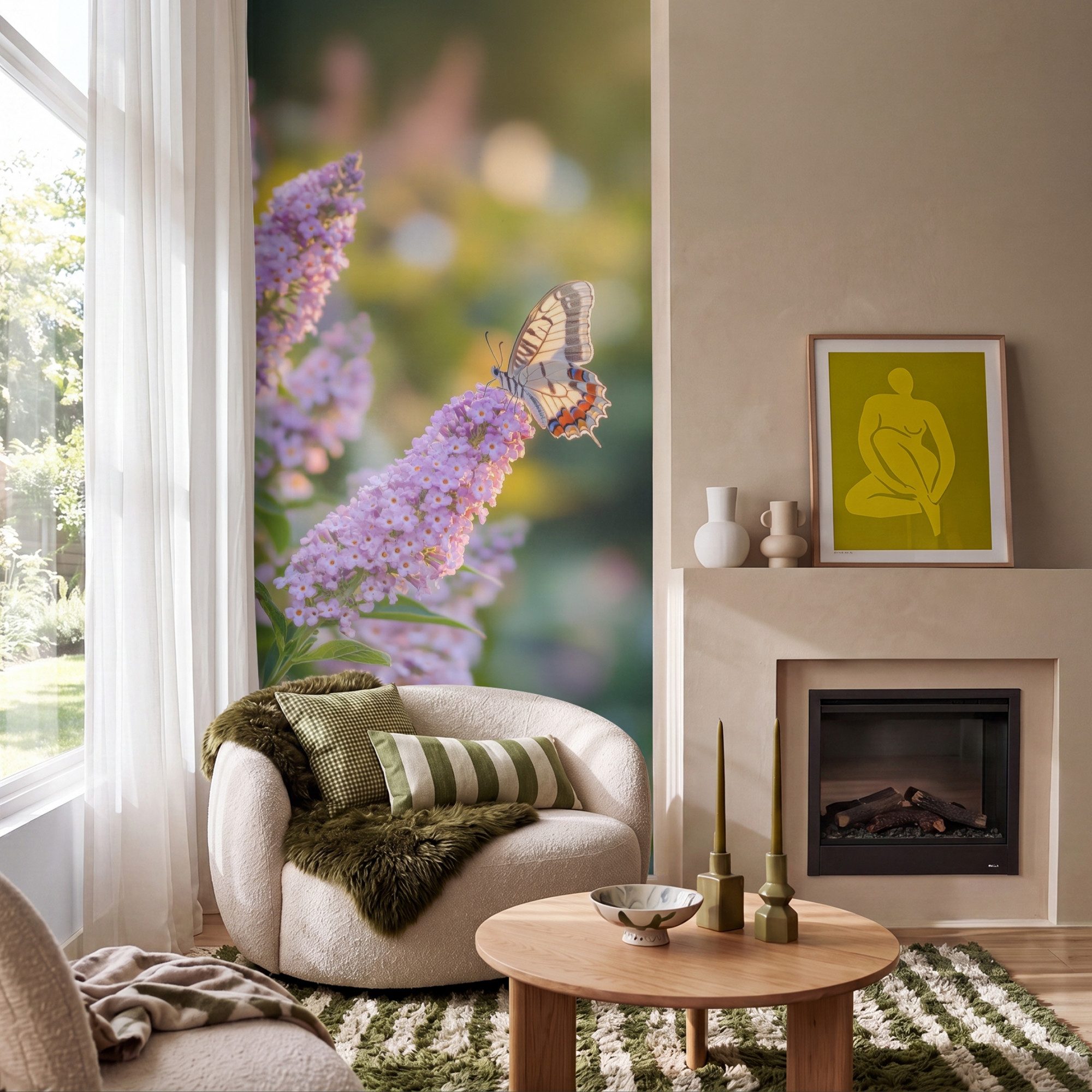 OnlyWow Fototapete Verschnörkelt - Schmetterling - Lila - Blumen, Matt, bedruckt, Wandtapete, Schlafzimmer, Wanddekoration 100x220cm