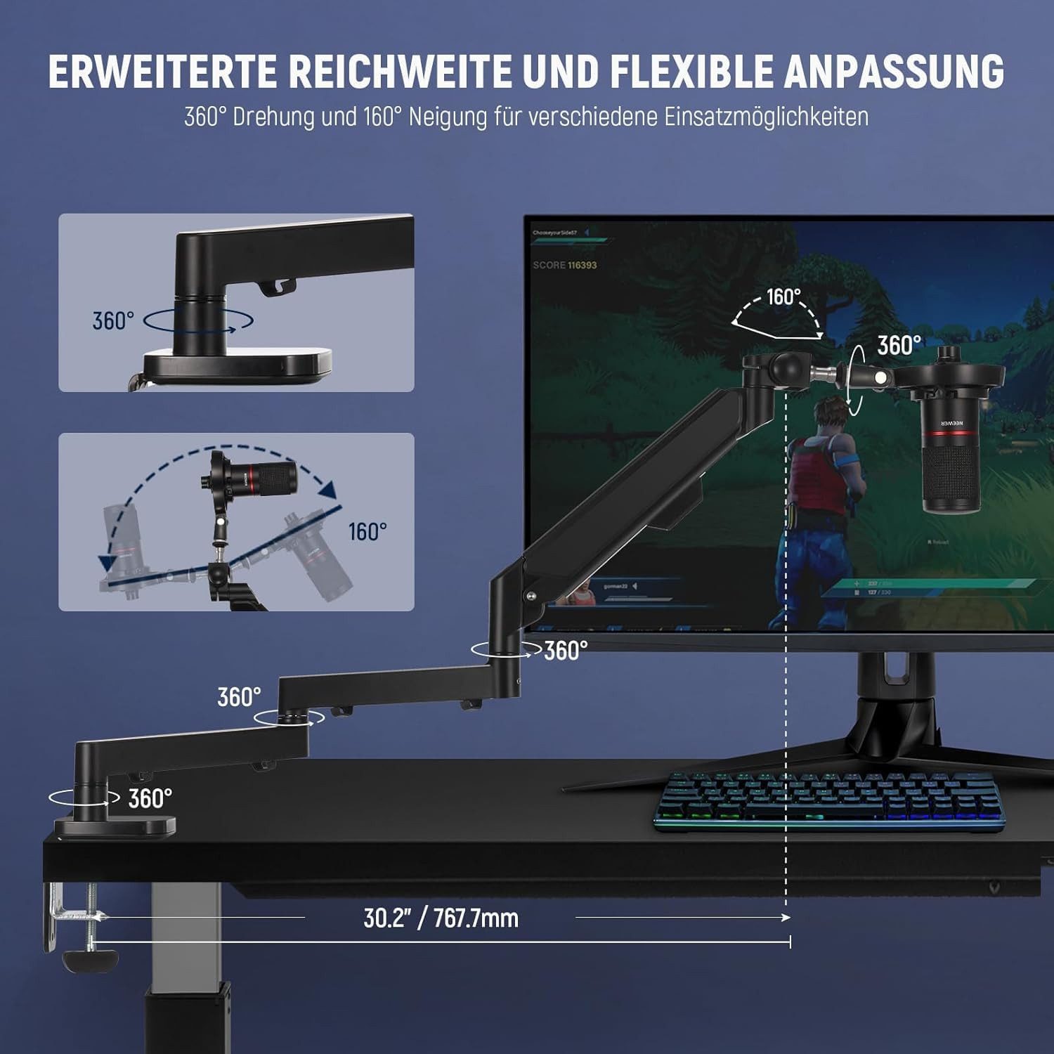 Neewer Mikrofonständer MS002 Mikrofonarm mit pneumatischer Dämpfung, 360° schwenkbarer, (Packung), Tischhalterung C-Klemme, für Shure Gaming Streaming Podcast Mikrofone