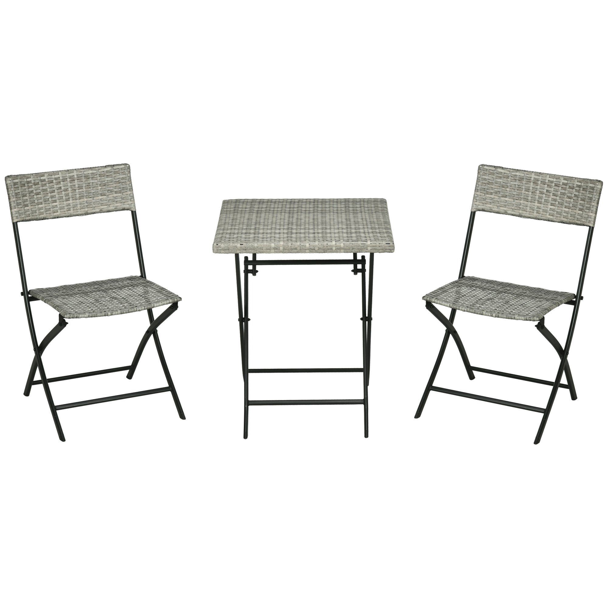 Outsunny Sitzgruppe Ratten Balkonmöbel-Set, Bistro-Set mit 2 Klappstühlen, Klapptisch, (Gartensitzgruppe, 3-tlg., Bistroset), Metall, Hellgrau 60L x 60B x 72H cm