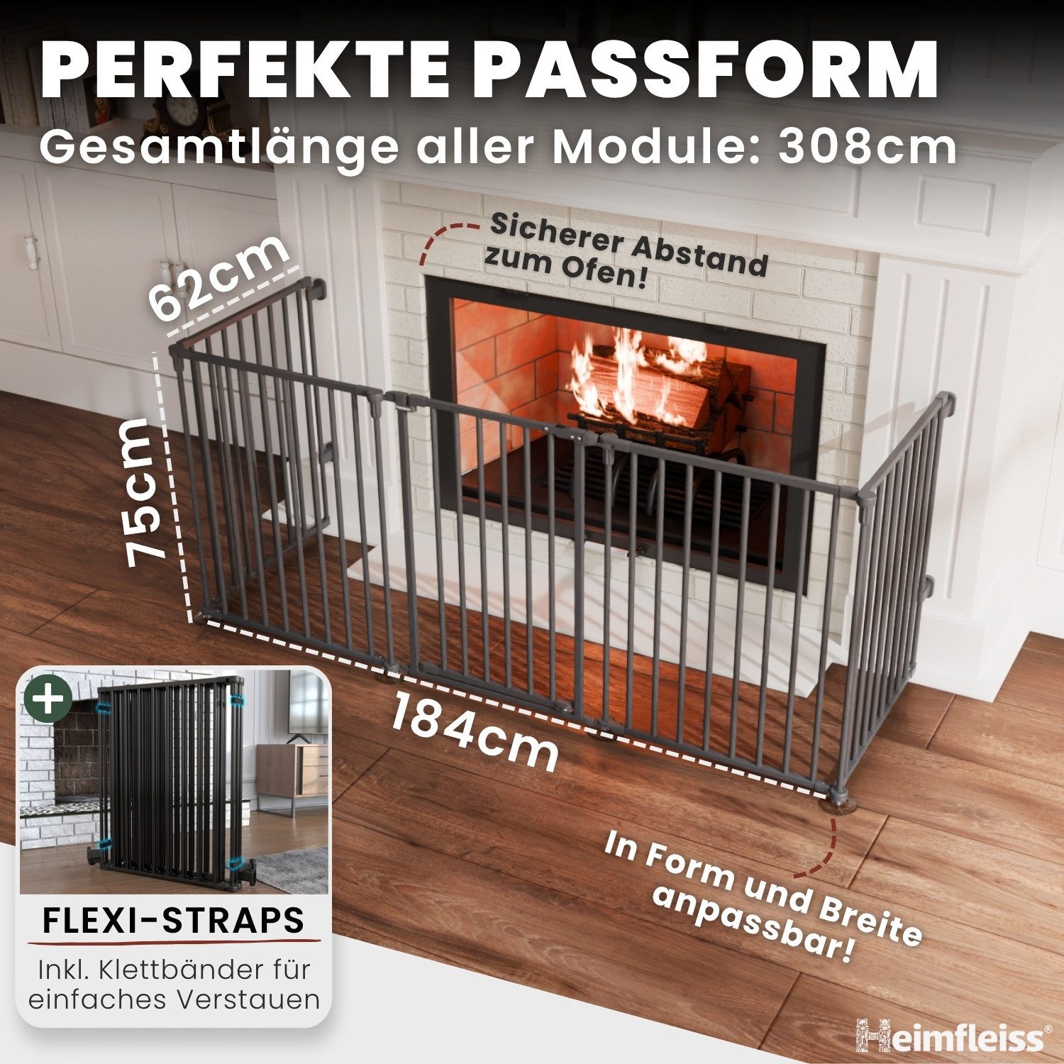 Heimfleiss® Ofenschutzgitter Kaminschutzgitter ohne Bohren Baby Hunde (Treppenschutzgitter Türgitter, 5 St., inkl. Saugnäpfe & Wandhalterungen), 308 cm mit Türf – Bild 4 von 5