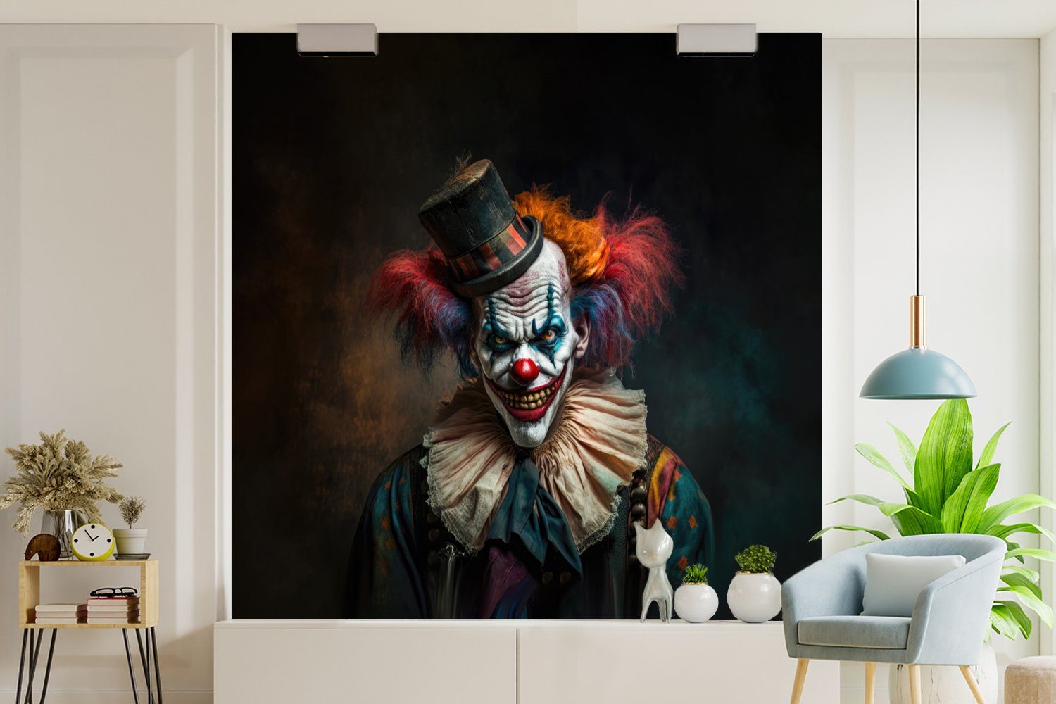 MuchoWow Fototapete Killerclown, Schlafzimmer - - Wohnzimmer - Matt, - für Porträt bedruckt, Hut Küche, St), Vliestapete Fototapete Clown Kragen (4