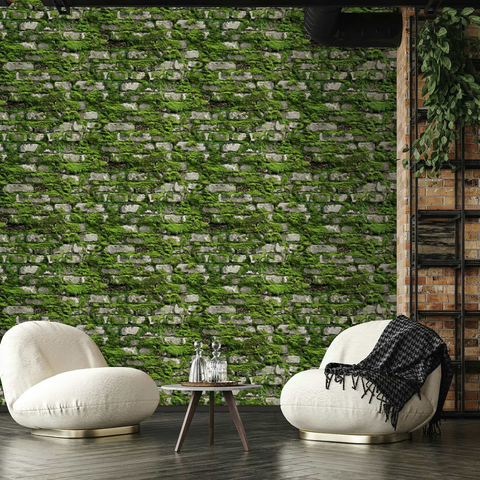 Marburg Vliestapete Steinmauer Moos Wand Floral 3D-Effekt Grün Grau 45731 Struktura