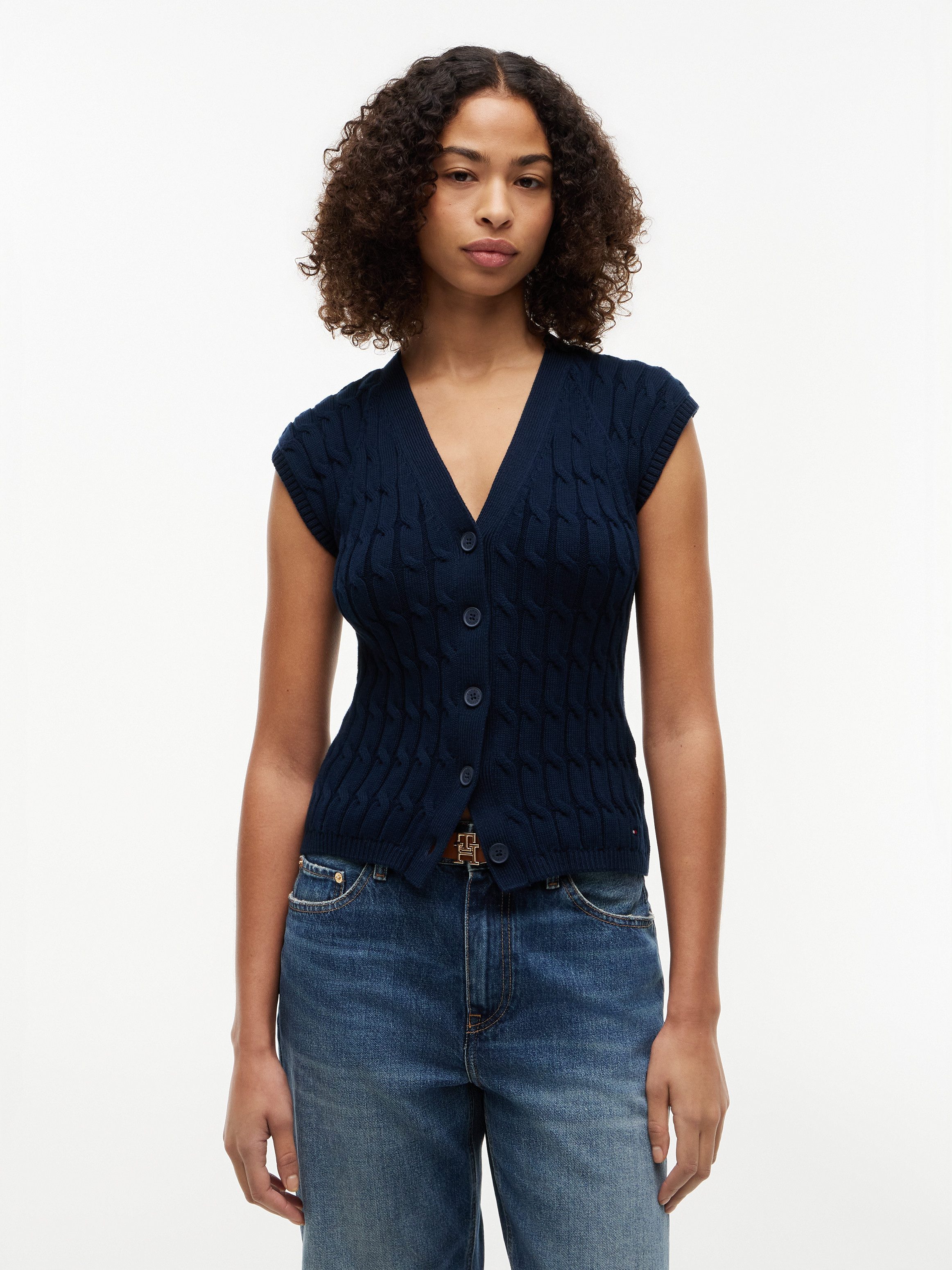 Tommy Hilfiger Strickweste MID GG CABLE VEST CARDI Baumwolle, mit Zopfstrickmuster