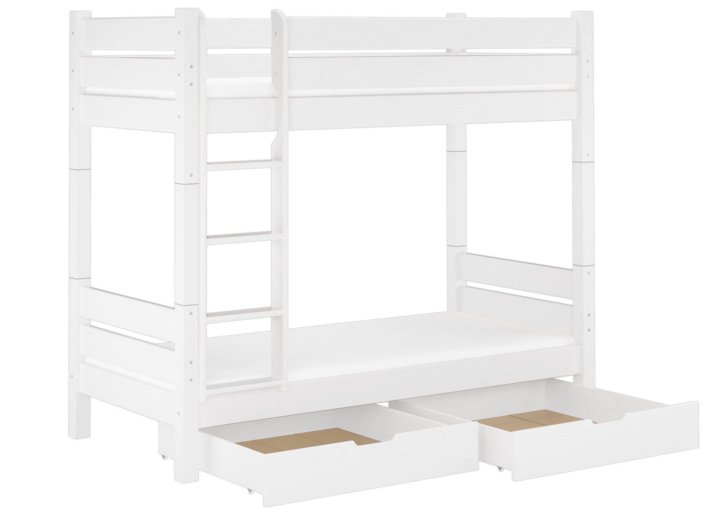 ERST-HOLZ Etagenbett Etagenbett aus Kiefer in weiß +2 Rollroste + 2 Matratzen +2 Bettkasten