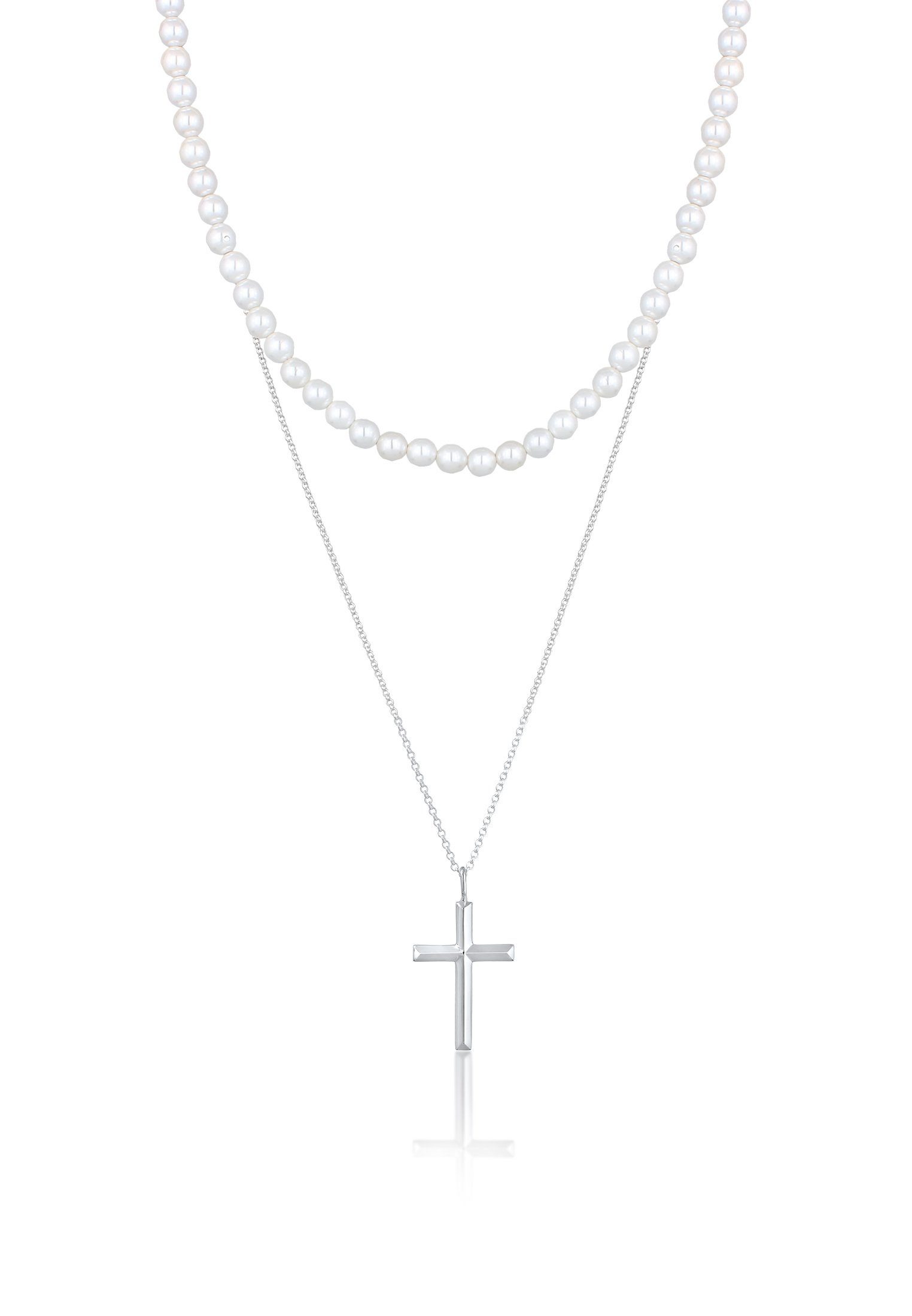 Kette mit Anhänger Muschelkernperlen Kreuz Klassik 2er Set 925 Silber
