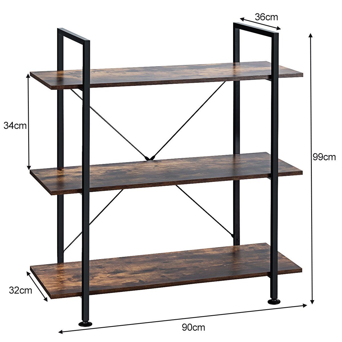 Metallrahmen, mit Ebenen, stehend, Holz, 90x36x99cm Bücherregal, COSTWAY 3