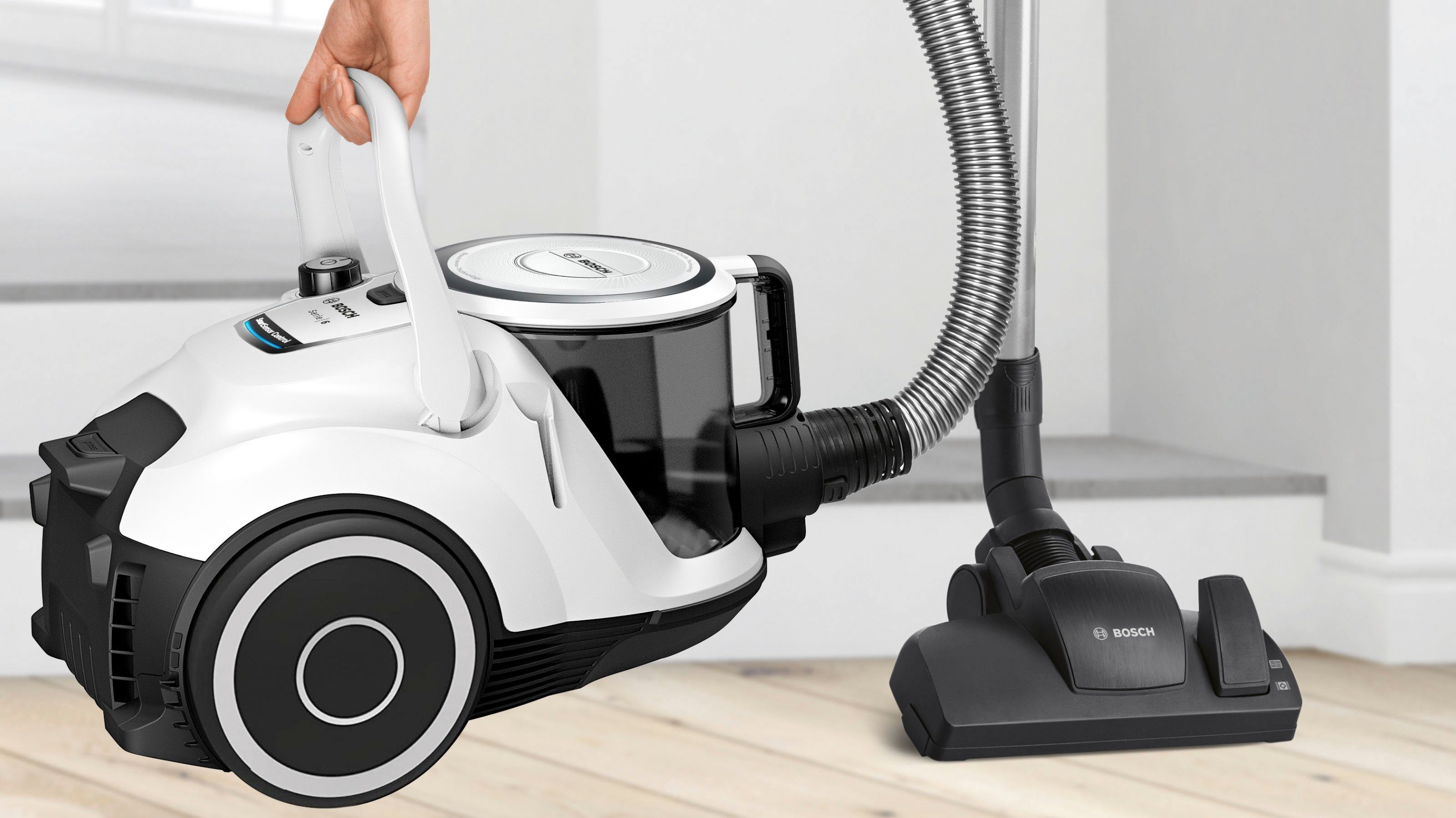 BOSCH Bodenstaubsauger Serie 6 BGC41XALL, ideal für Allergiker, Hygiene-Filter, 700 W, beutellos, 10 Jahre Motorgarantie, Hartbodendüse, XXL-Polsterdüse, leise, weiß