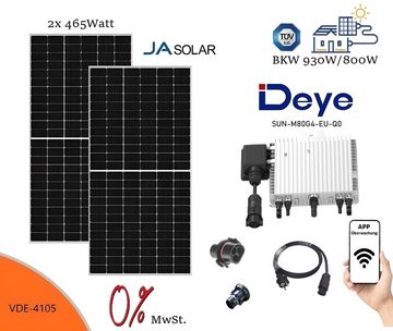 TZIpower Solaranlage Balkonkraftwerk 800 Watt / 930W Deye 800 + 2x 465Watt Solarpanele, 930,00 W, Monokristallin, (Komplett-Set, 1-St)