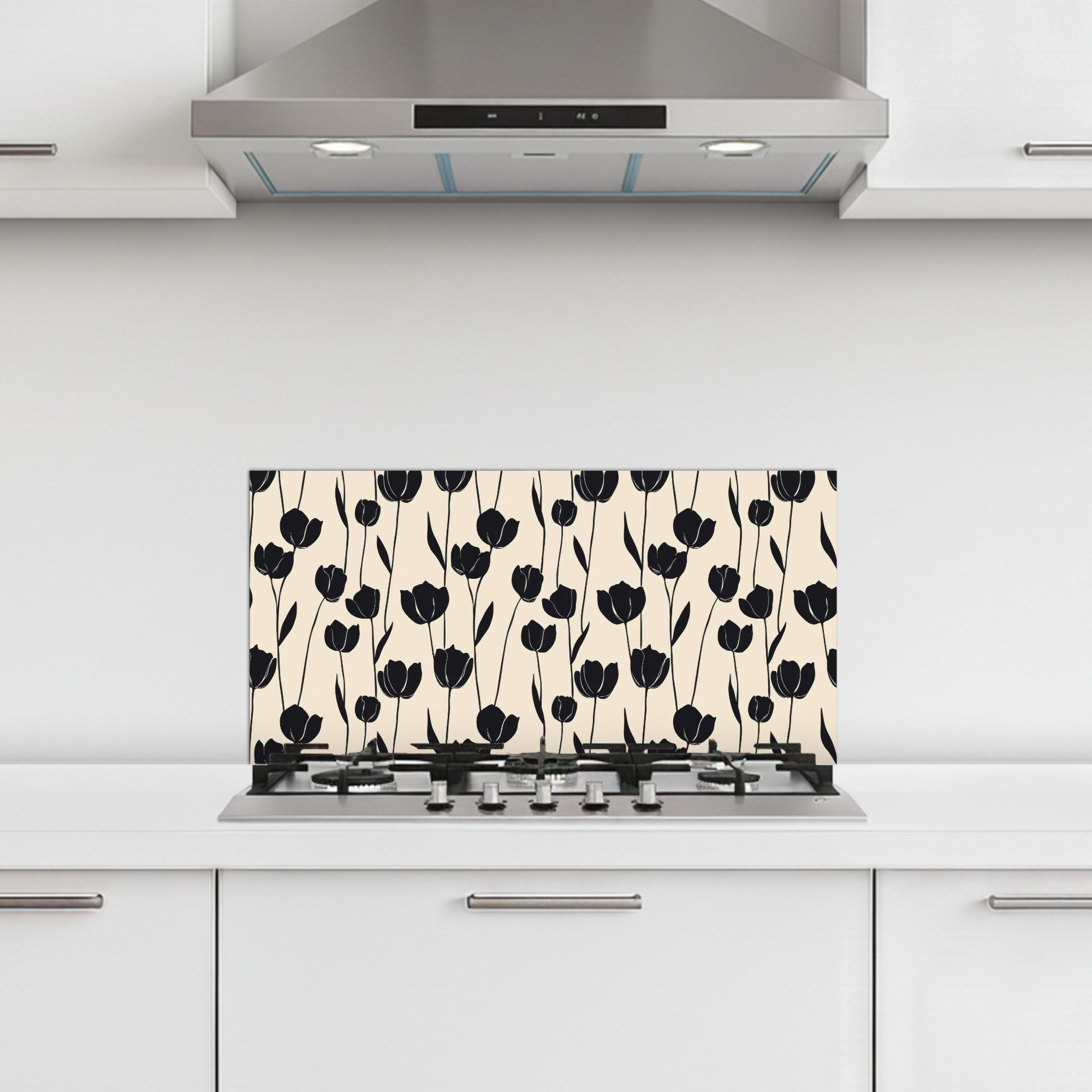 KitchenYeah Küchenrückwand selbstklebend (keine Folie) Tulpen - Muster - Schwarz, (1-tlg), Küchenrückwand, Spritzschutz, Kitchen, 60x30 cm