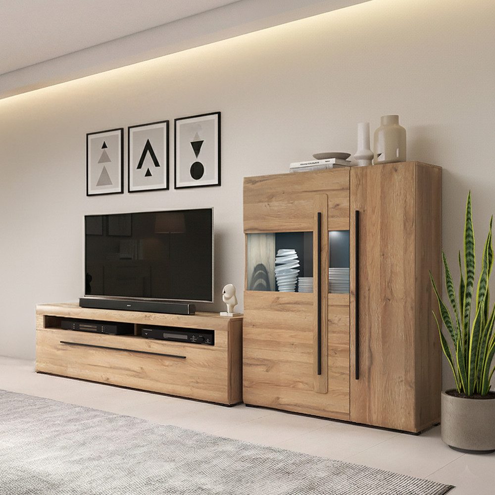 Lomadox Wohnwand TURDA-83, (2-St., Couchtisch Highboard Lowboard Sideboard Vitrine Wandregal), Eiche braun Metallgriffe inkl. LED Beleuchtung modern nachhaltig