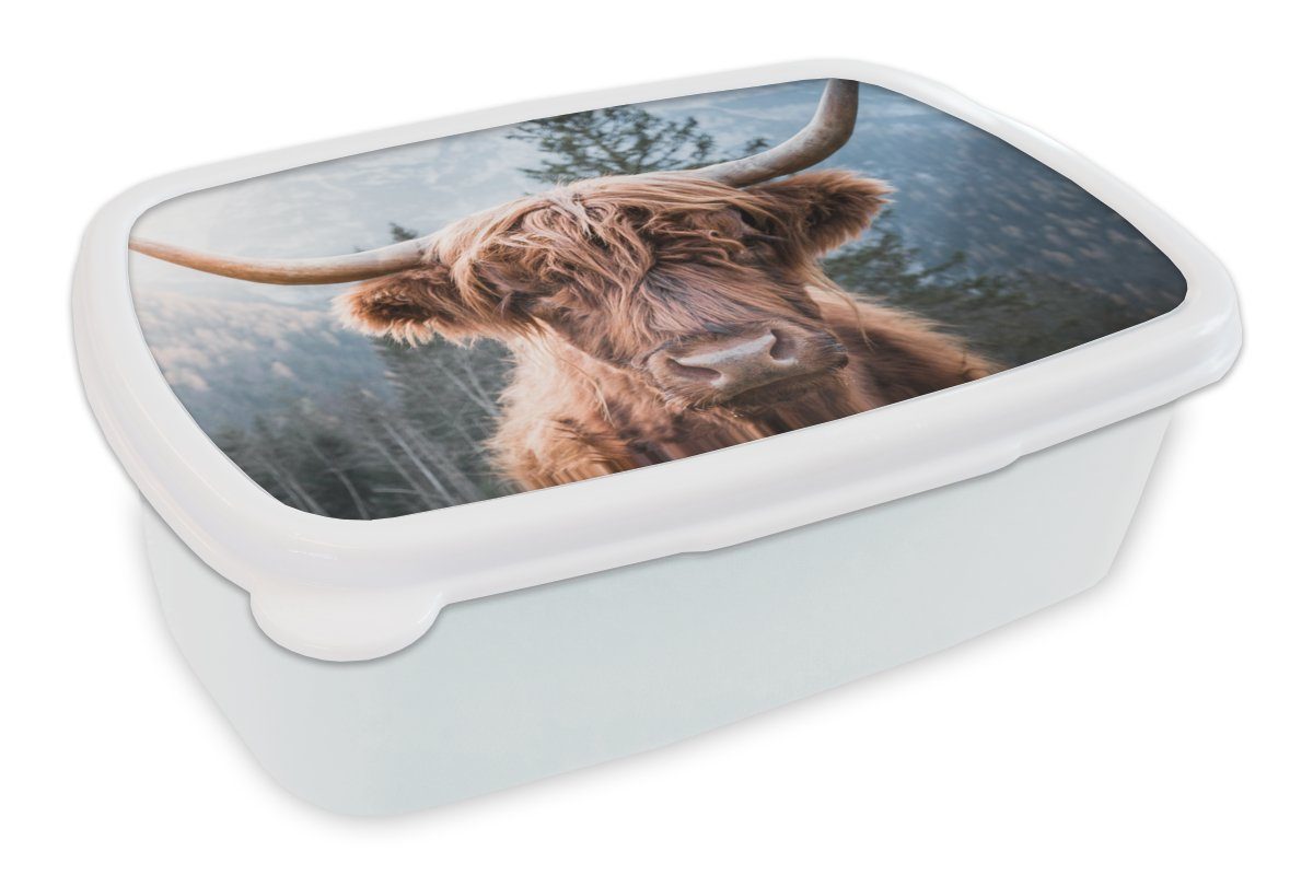 MuchoWow Lunchbox Schottischer Highlander - Berge - Porträt, Kunststoff, (2-tlg), Brotbox für Kinder und Erwachsene, Brotdose, für Jungs und Mädchen weiß