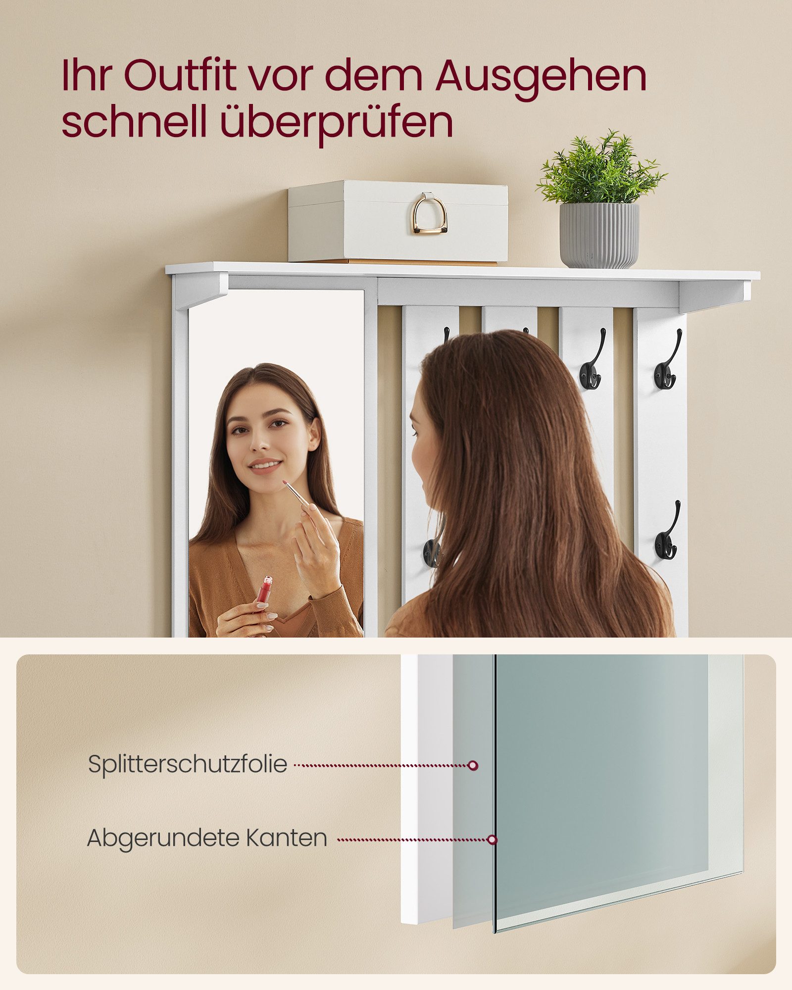 VASAGLE Schuhbank Wandgarderobe Set, Garderobe mit Spiegel, Doppeltüren, Sitzbank, 8 Doppelhaken, Schuhschrank, Sitzpolster abnehmbar, 81 cm breit – Bild 4 von 5