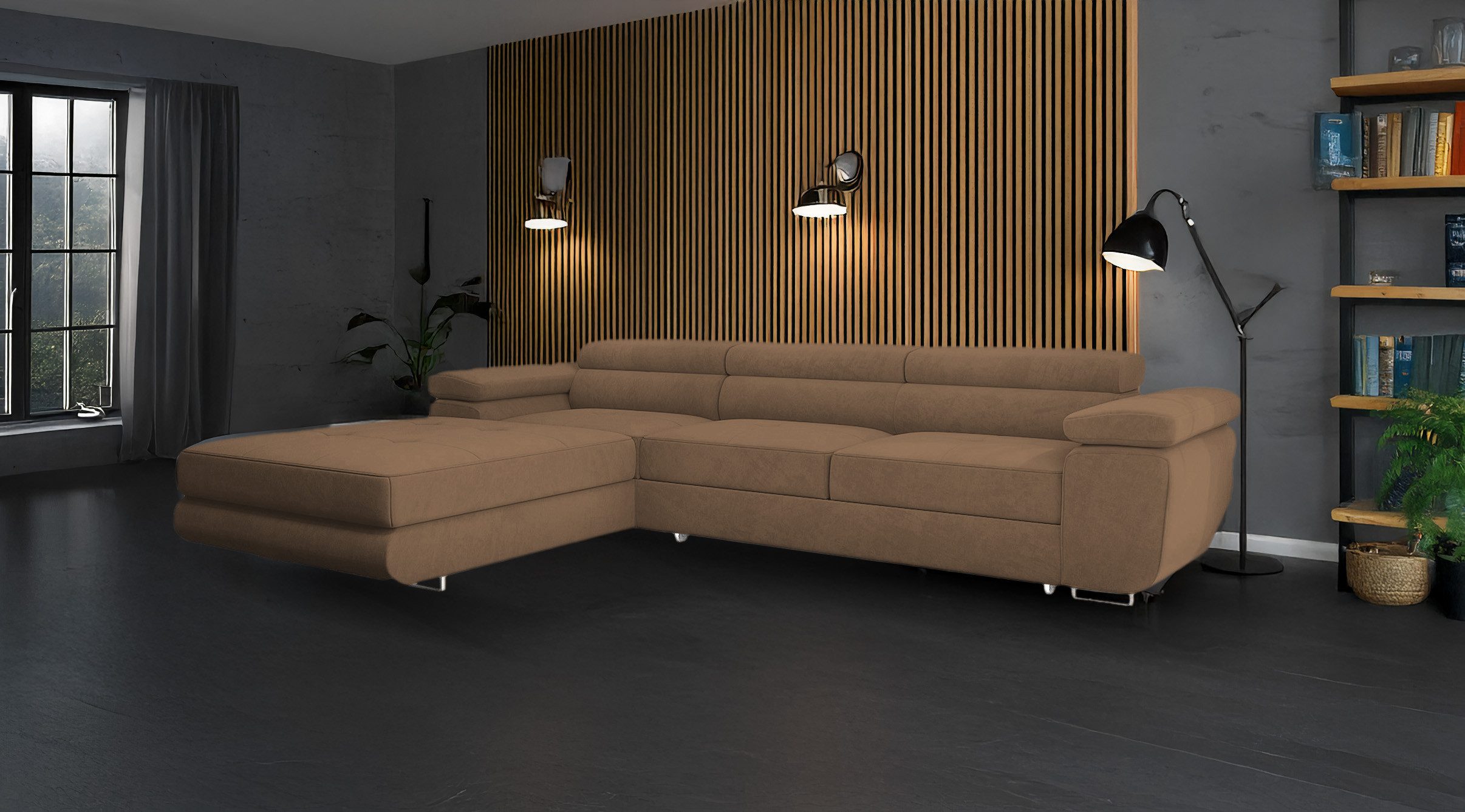 Goldstoff Ecksofa mit Schlaffunktion und Bettkasten, Designer Schlafsofa mit Bettkasten, Big Sofa - VENUS TWIN, Couch mit verstellbaren Kopfstützen in hellbraun