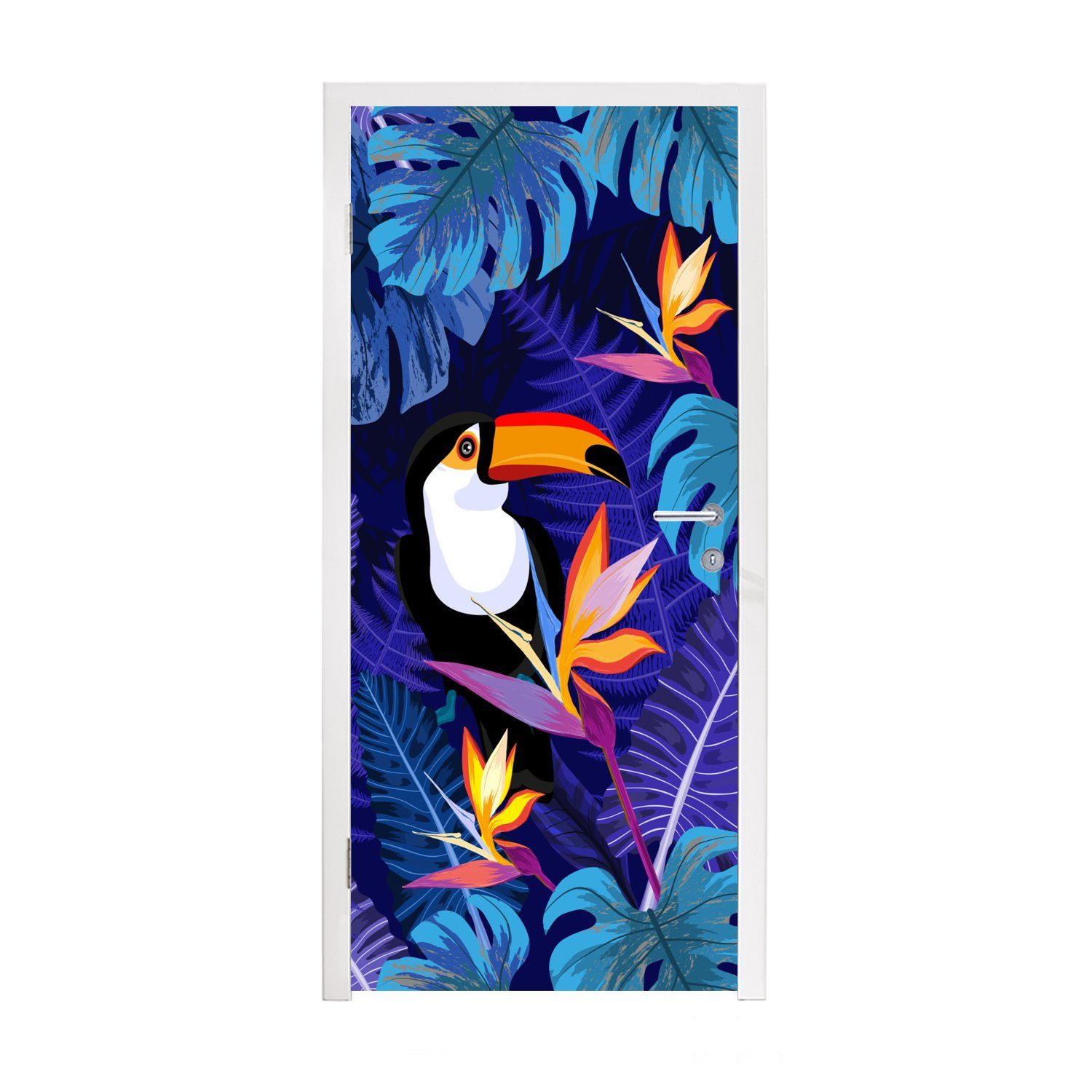 MuchoWow Türtapete Dschungel - Tukan - Blumen - Pflanzen - Kinder - Lila - Tiere, Matt, bedruckt, (1 St), Fototapete für Tür, Türaufkleber, 75x205 cm