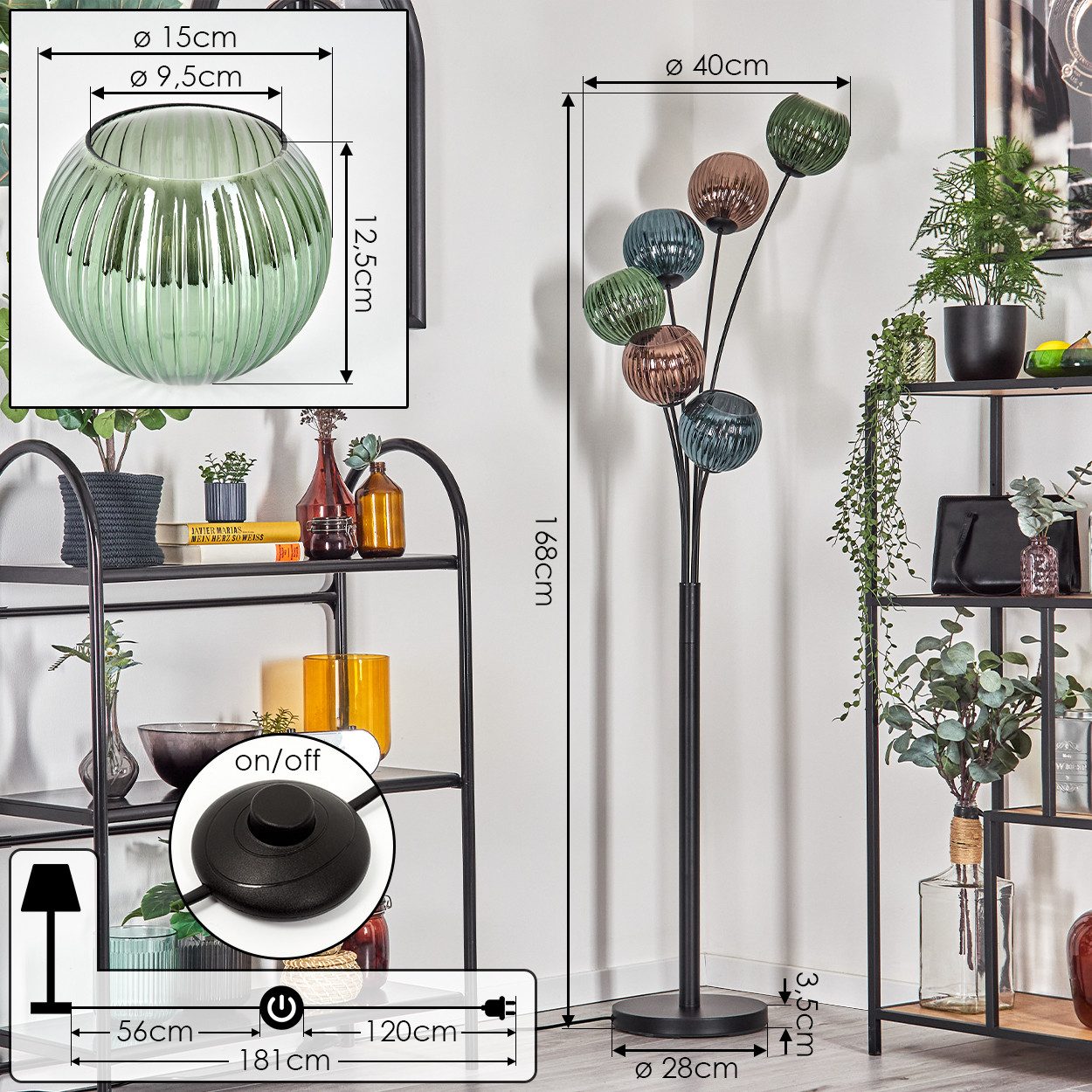 hofstein Stehlampe Stehlampe aus Metall/Riffelglas in Schwarz/Kupfer/Blau/Grün (15 cm), ohne Leuchtmittel, Stehleuchte im Retro/Vintage-Design m. Glasschirmen, Fußschalter, E14