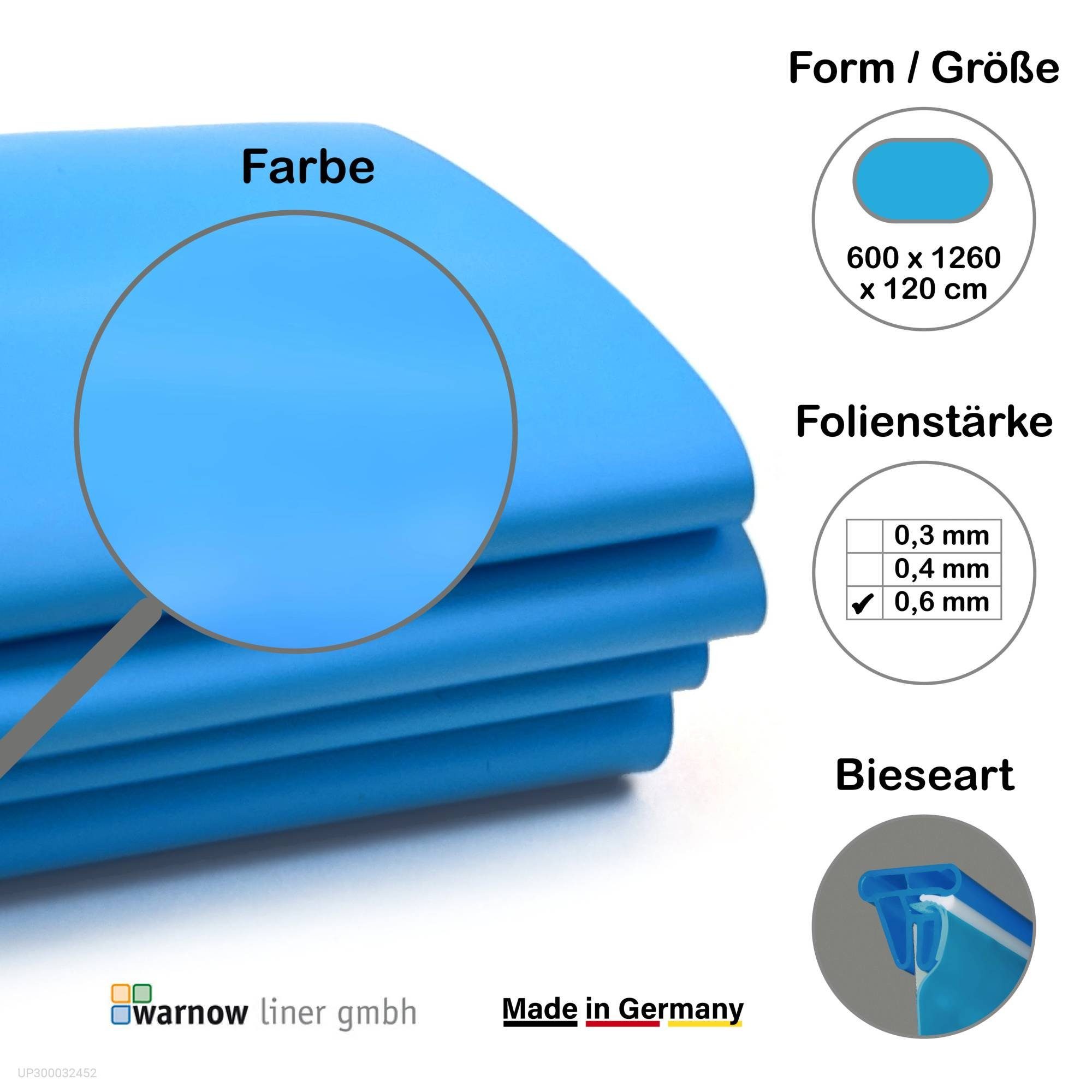 Poolinnenhülle Premium Poolfolie für Ovalpool, 1260 cm x 600 cm x