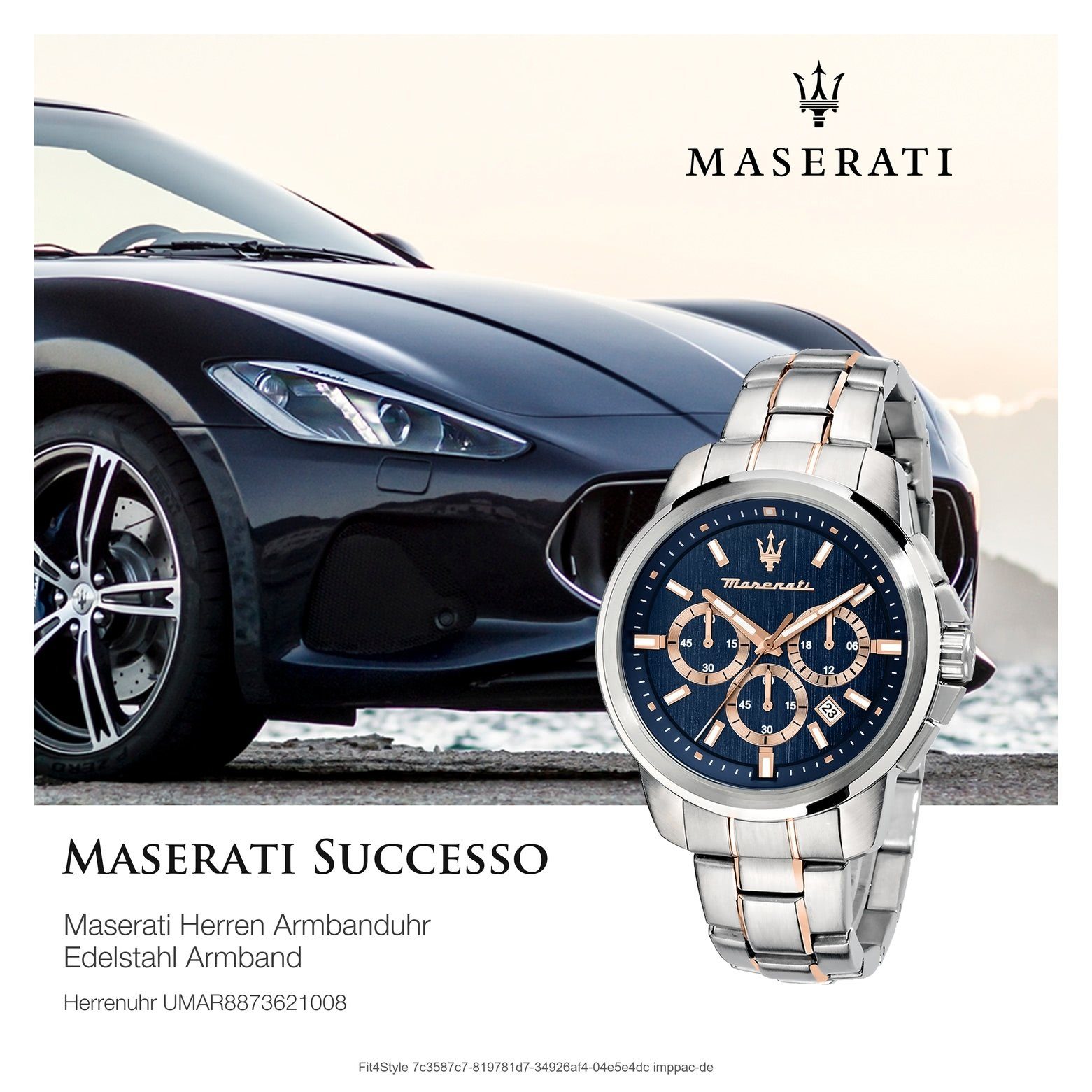 Made-In roségold 52x44mm) groß Chronograph, Edelstahlarmband, Herren bicolor, MASERATI Chronograph (ca. blau, rund, Maserati Italy Herrenuhr