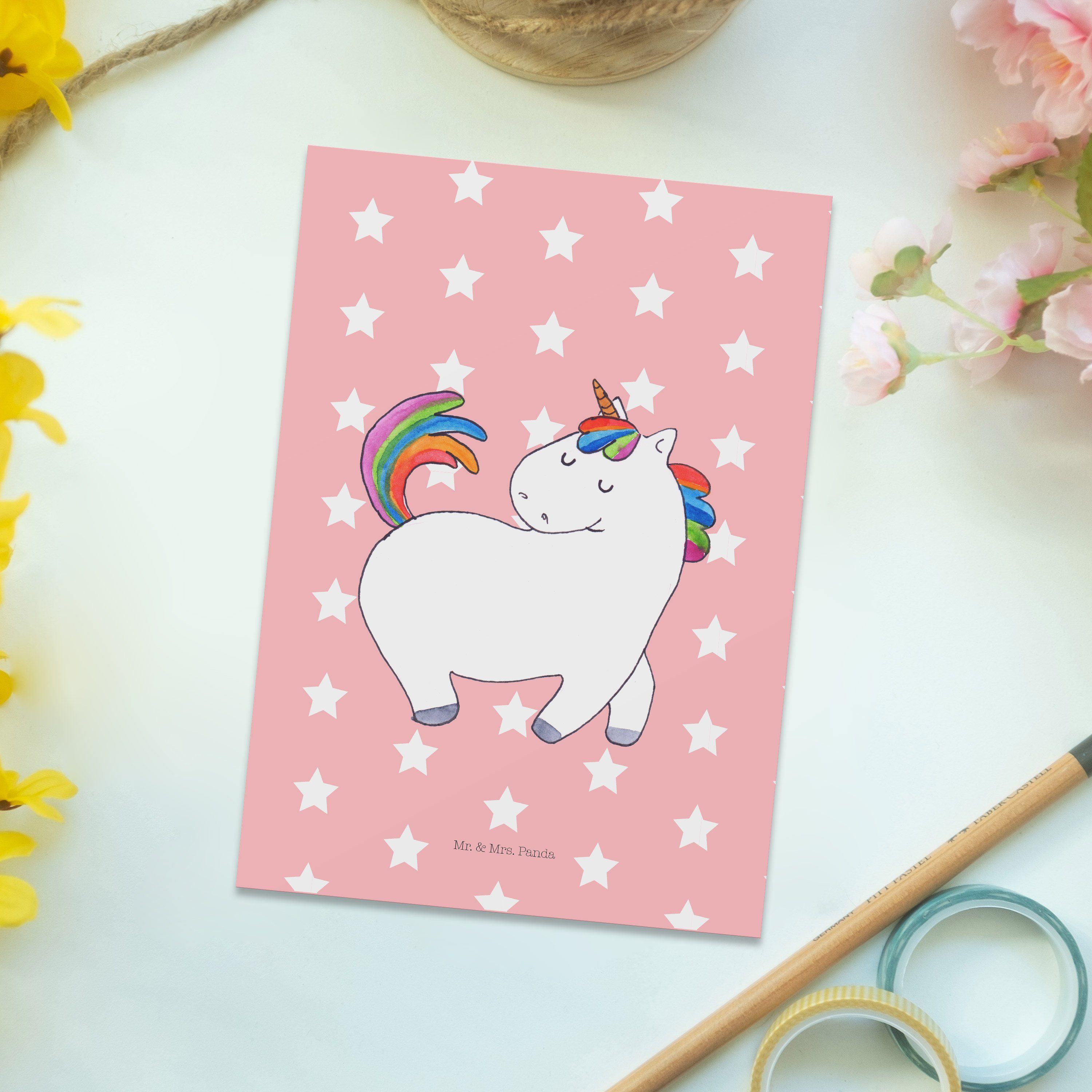 Mr. & Mrs. Panda Pastell Rot Pegasus, Einhorn Geschenk, stolzierend Einhö - - Postkarte Unicorn