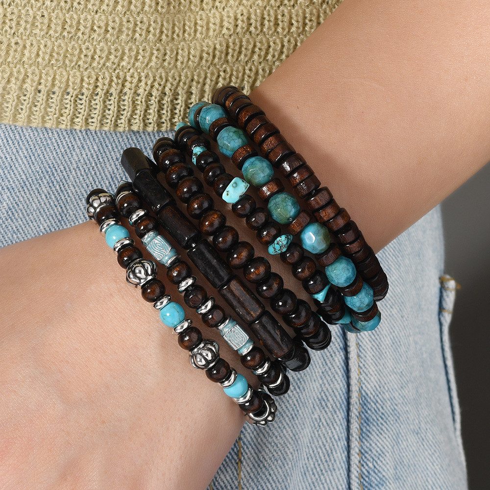 Armband 7er Set Perlenarmbänder Boho Schmuck mehrschichtig aus Holz und Türkis
