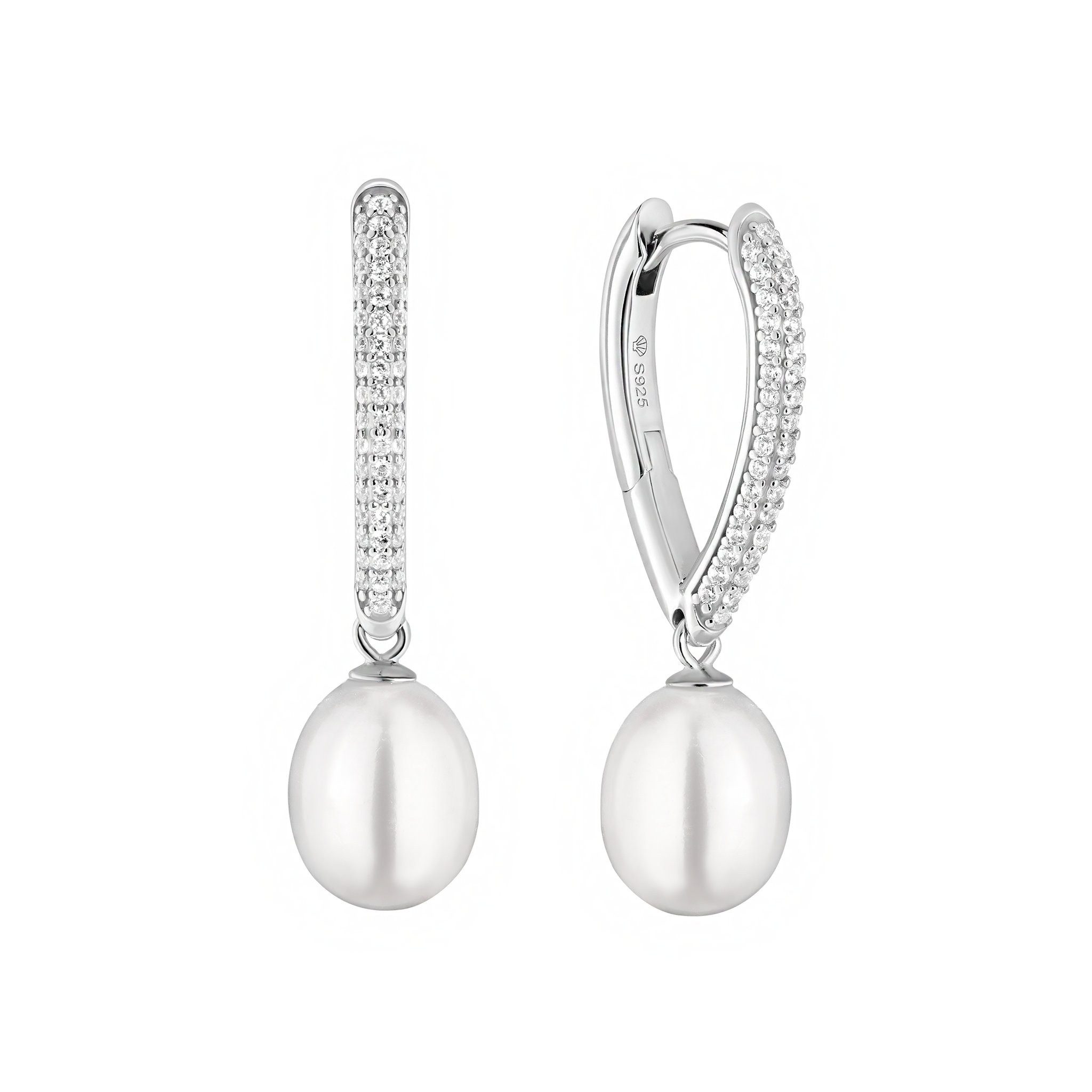Gaura Pearls Perlenohrringe weiß, oval, 9 mm, Ohrhänger, Zirkonia, Klappverschluss, 925er Sterlingsilber, rhodiniert