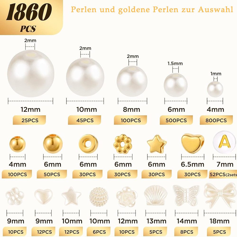 CLTYQ Ketten und Armband Set 1860 Stück DIY Perlen Set für Armbänder - Edelstein Perlen (Kreatives Schmuckset für Kinder, Mädchen (Halskette, Ohrringe), Perlen für Armbänder, Armbänder Selber Machen kinder für DIY