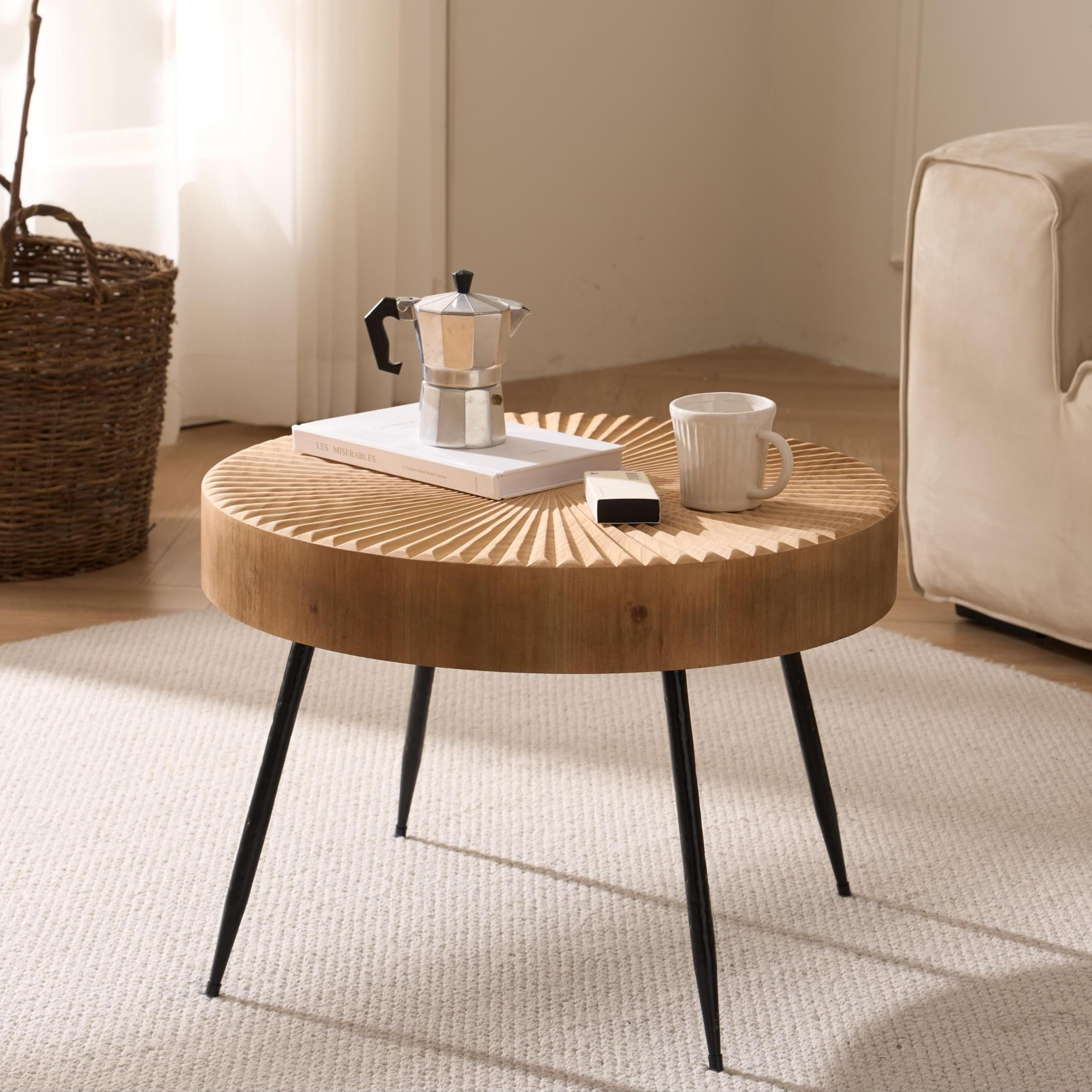 Cagnolier Couchtisch Wohnzimmertisch Holz, Hellbraun Beistelltisch ø60×42cm (1-St), mit strahlenförmigem Linearmuster und schwarzen Metallbeinen