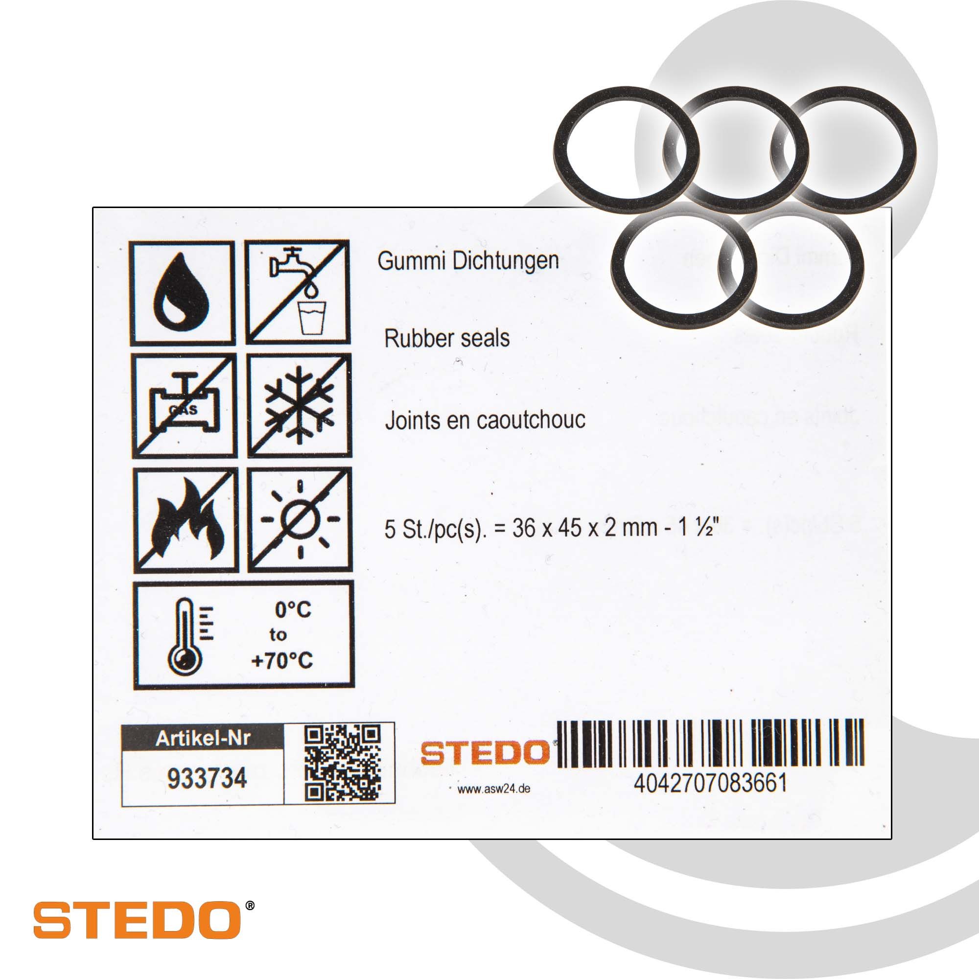 Stedo Gewindefitting Gummi Dichtung, für Ablaufverschraubungen (VE 5 Stück), 36 x 45 x 2 mm
